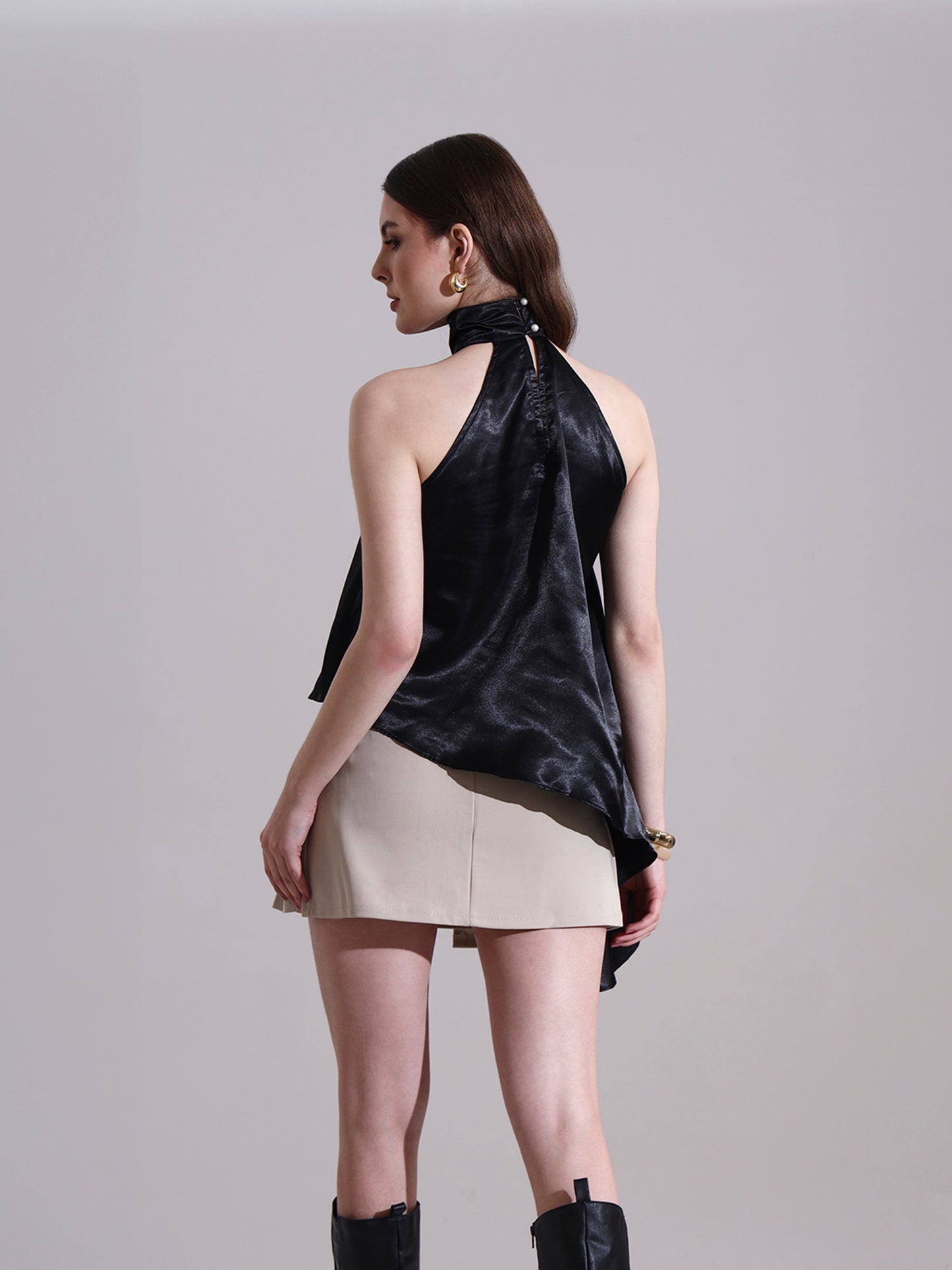 Black Satin Asymmetric Halter Neck Top