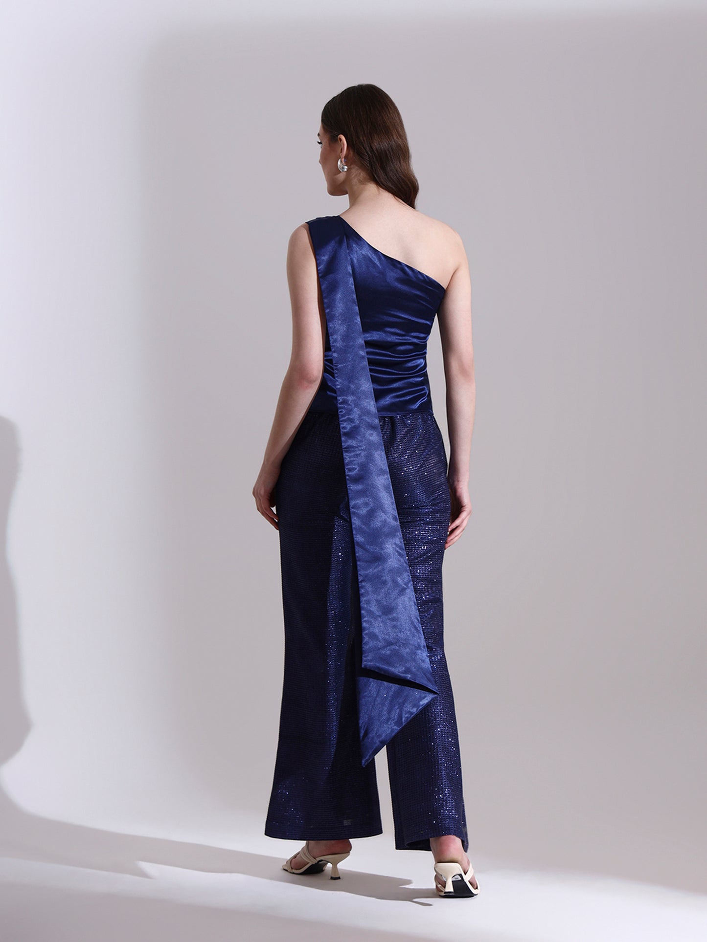 Midnight Satin Asymmetric Top with Shimmer Pants