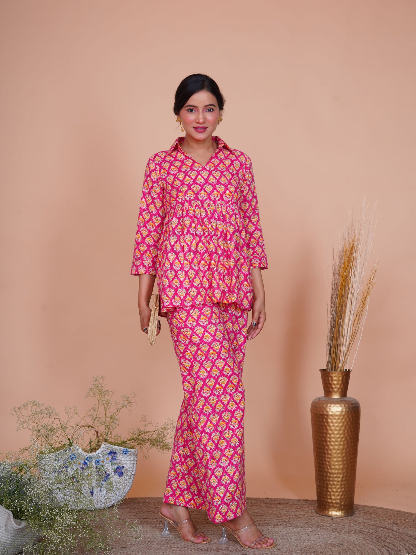 Kantha Embroidered Rani Pink Buti Printed Top