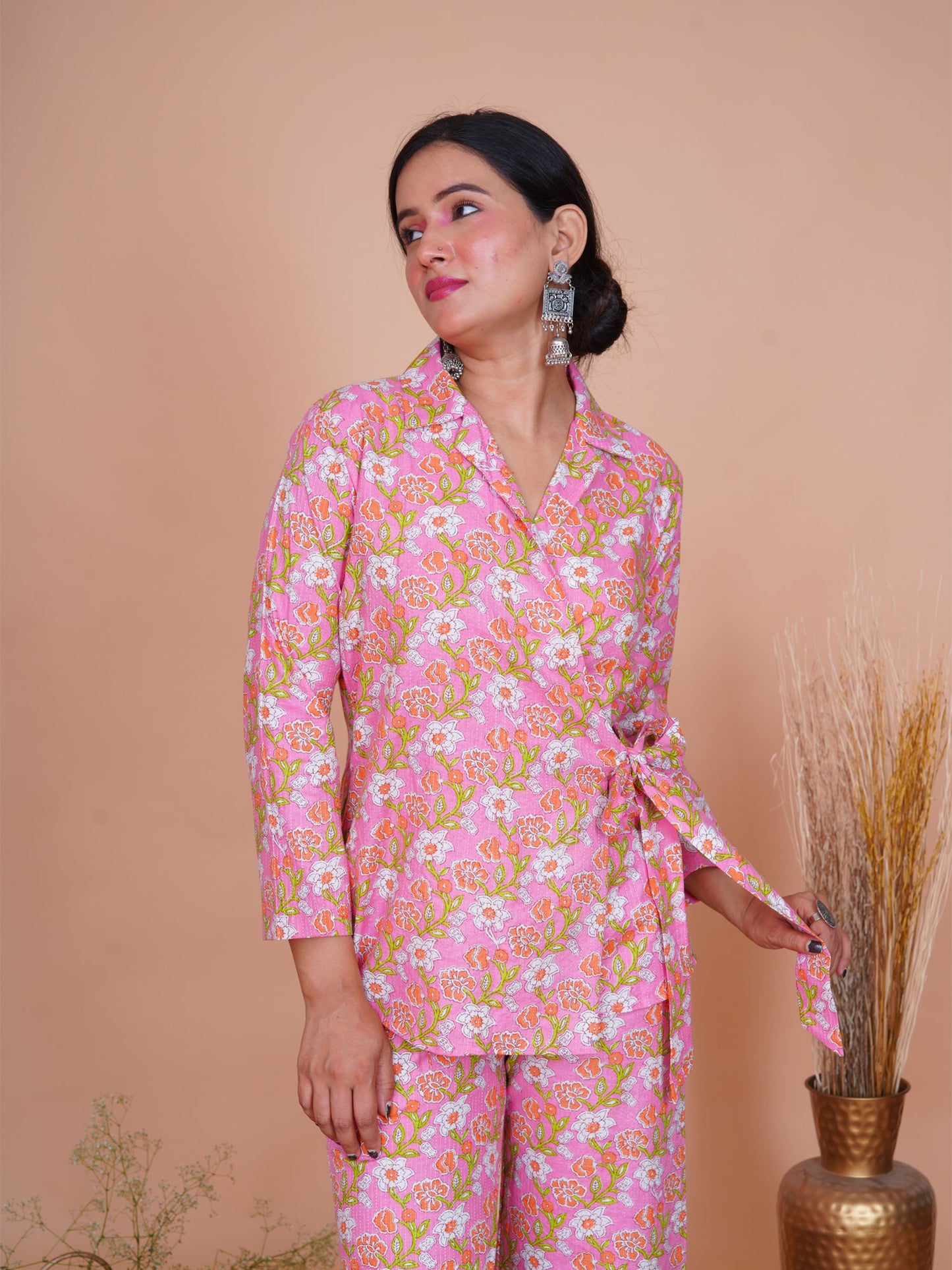 Kantha Embroidered Pink Floral Side Tie-up Blazer