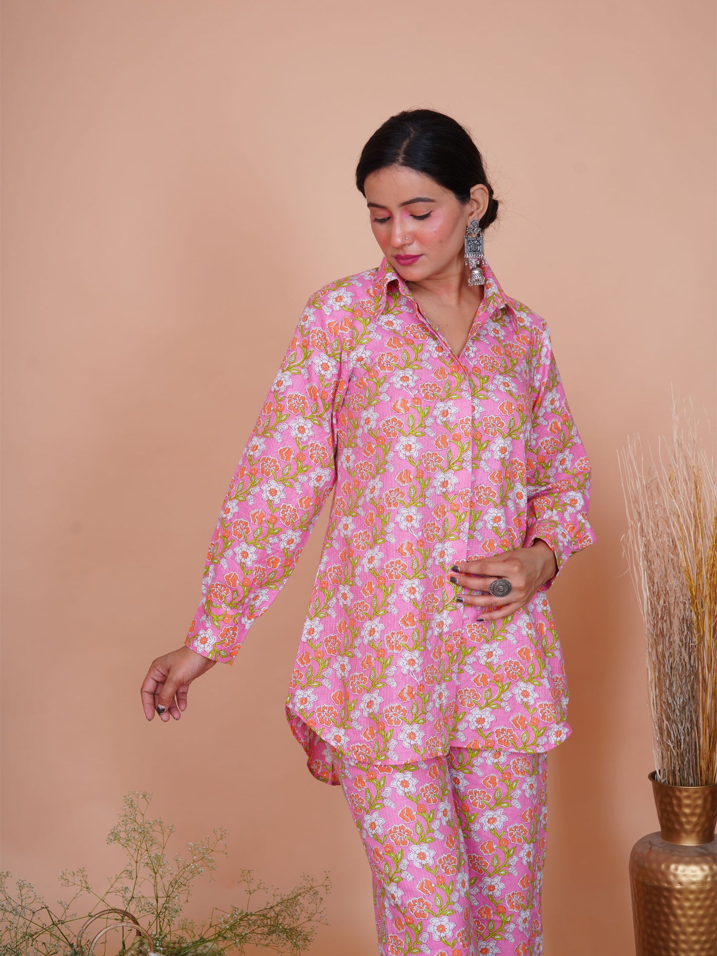 Kantha Embroidered Pink Floral Shirt Kurta