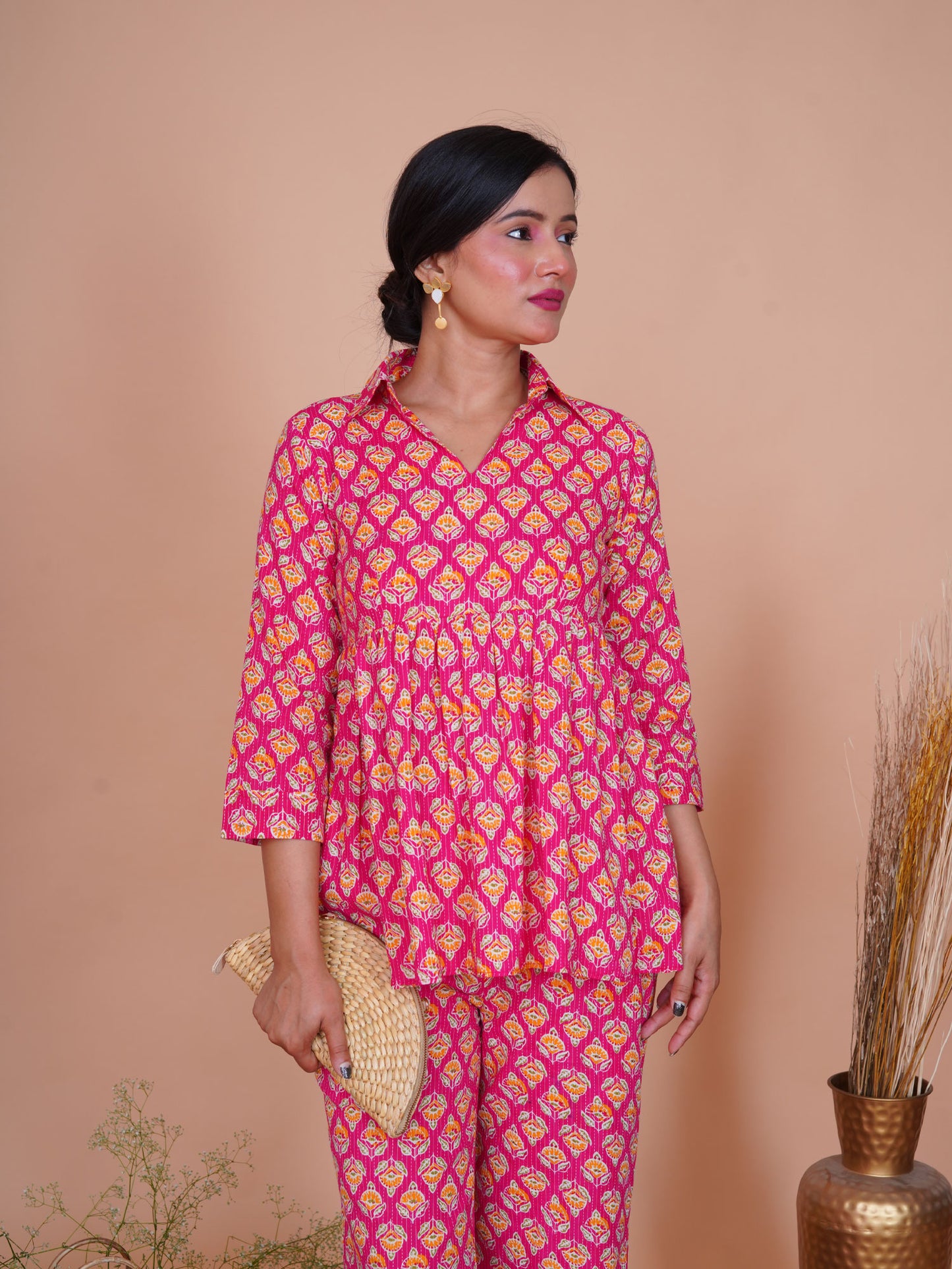Kantha Embroidered Rani Pink Buti Printed Top