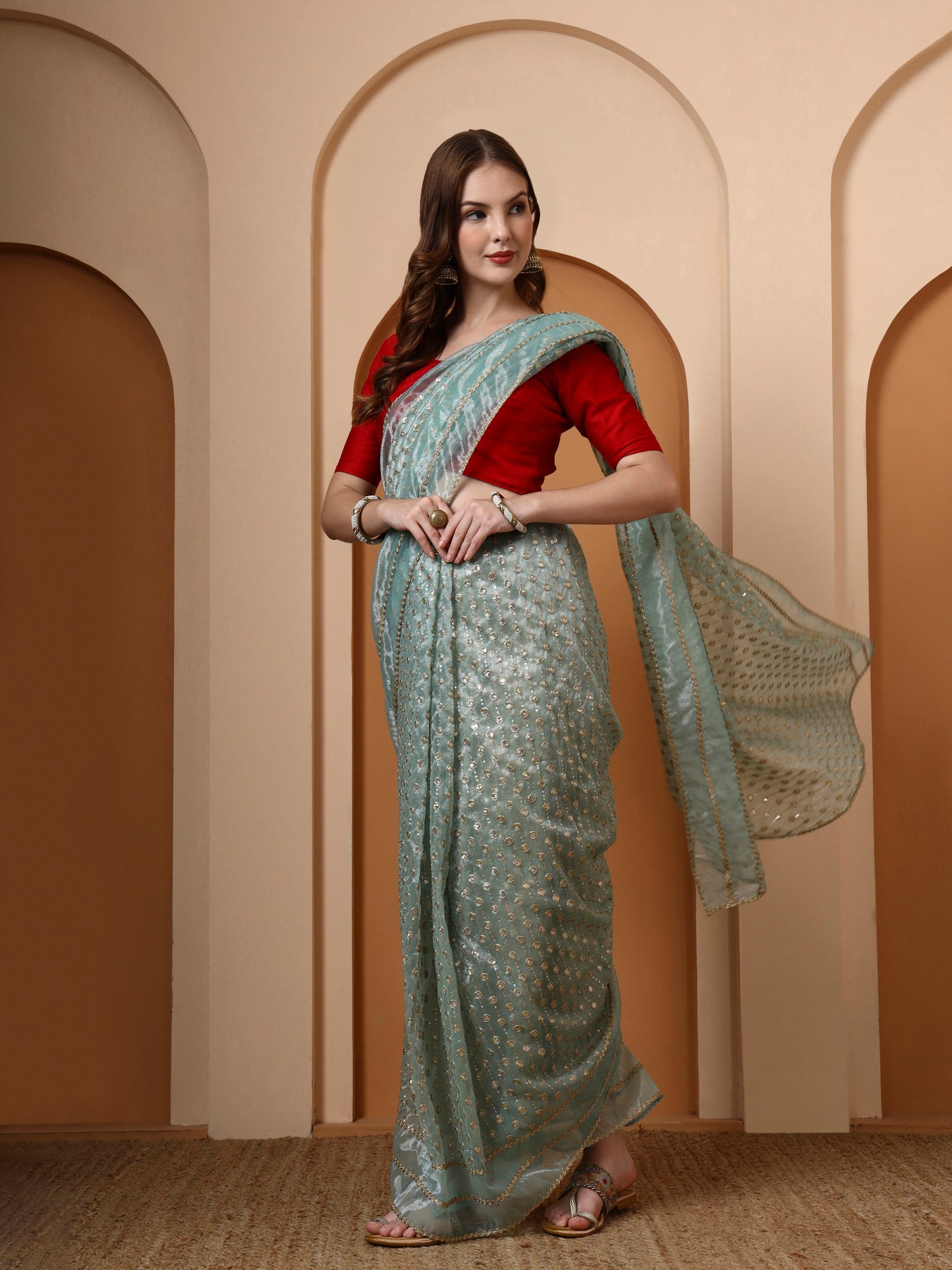 Ice Blue Embroidered Silk Saree