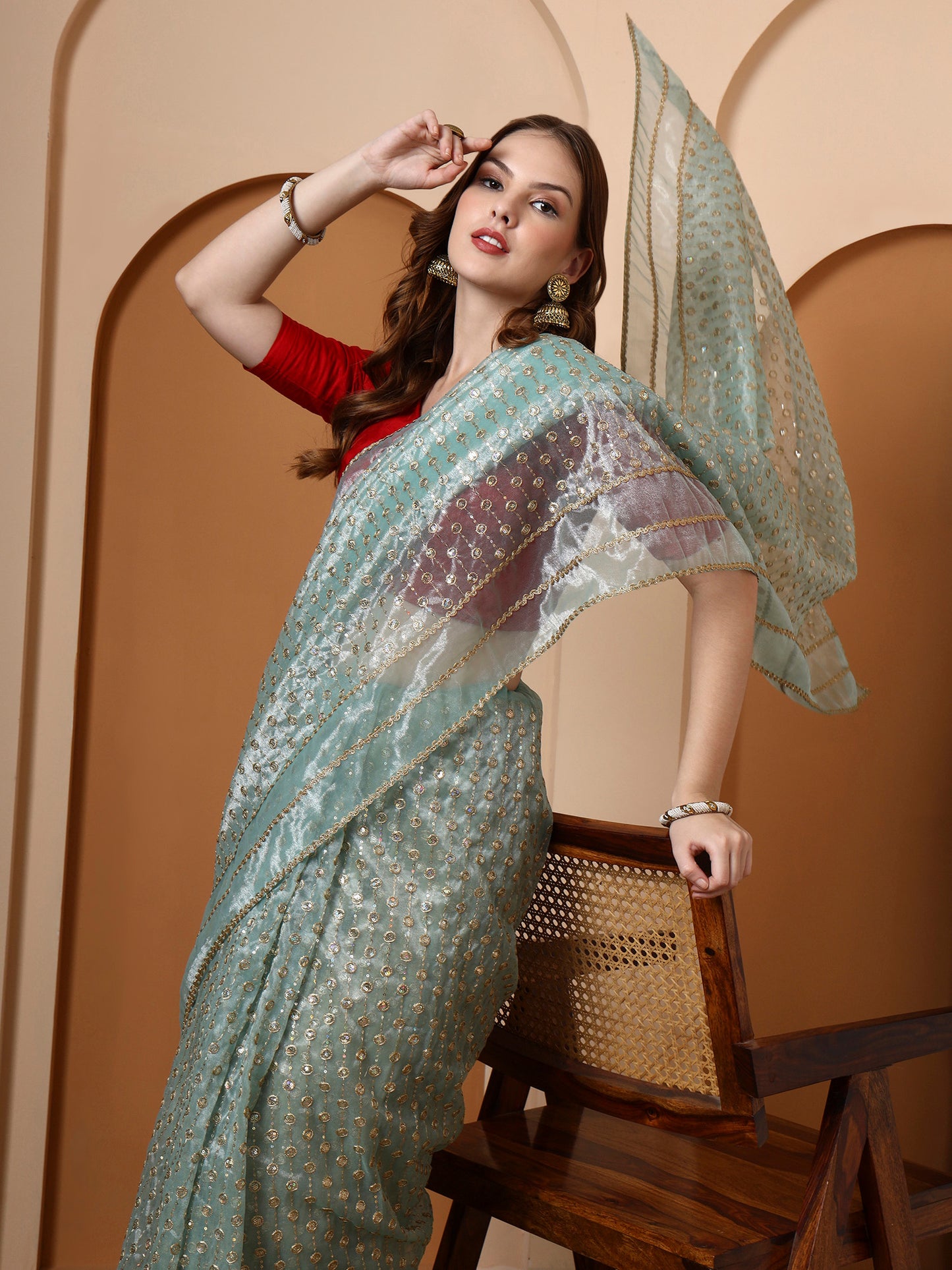 Ice Blue Embroidered Silk Saree