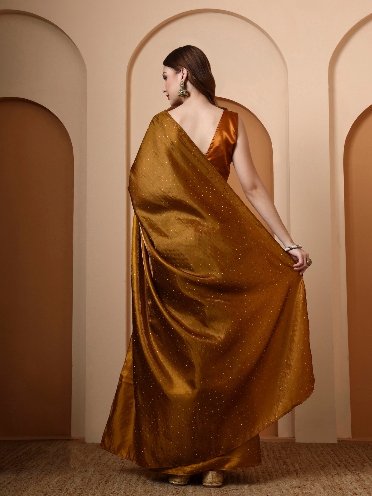 Mustard Rhinestone Silk Saree