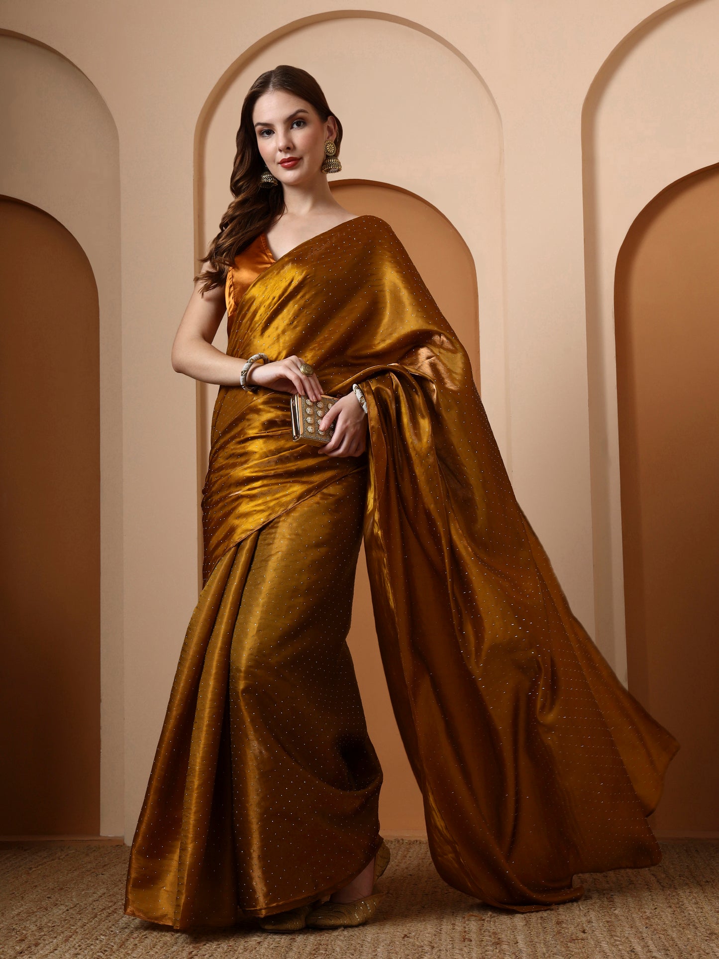 Mustard Rhinestone Silk Saree
