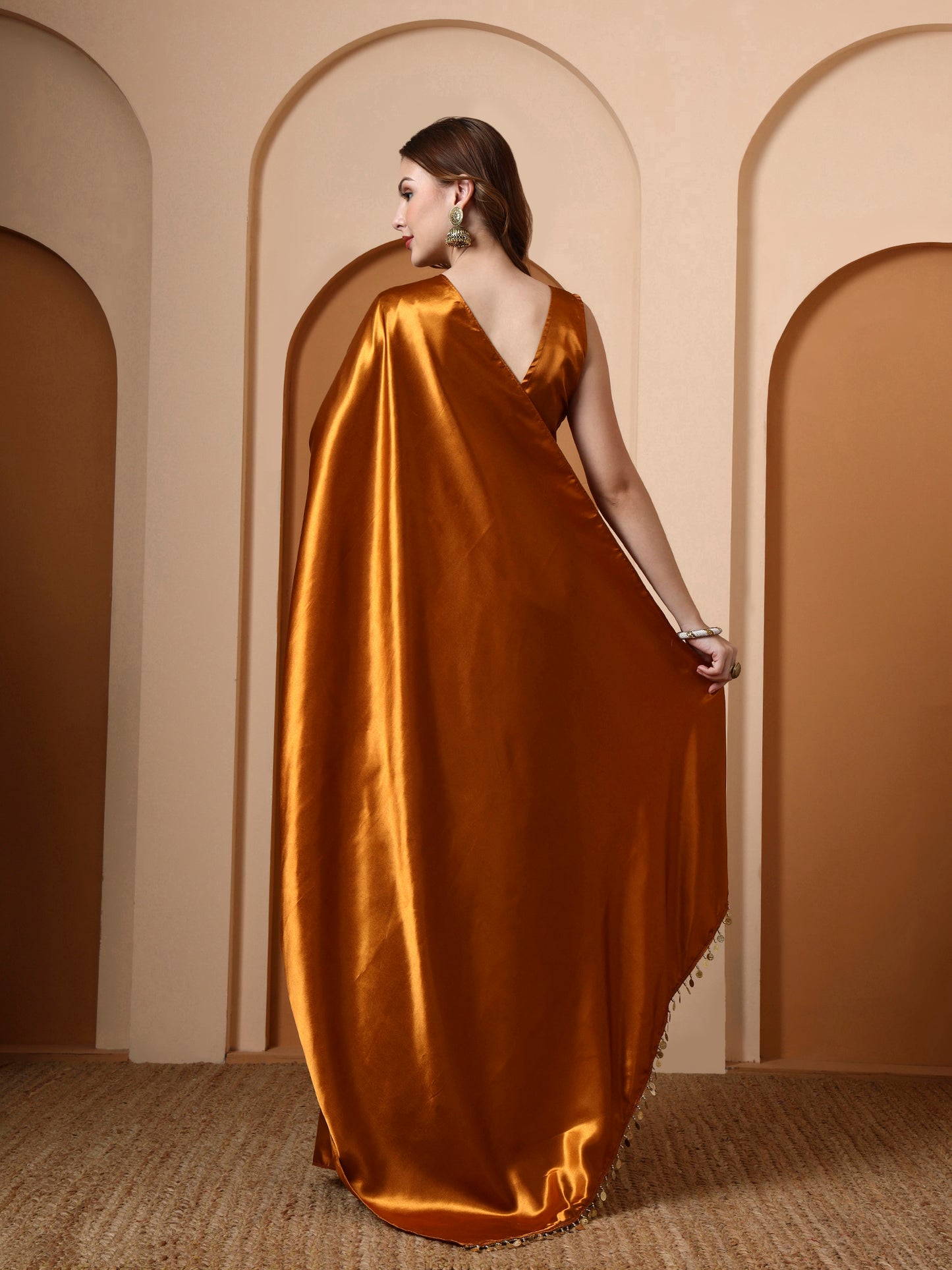 Mustard Embellished Satin Saree