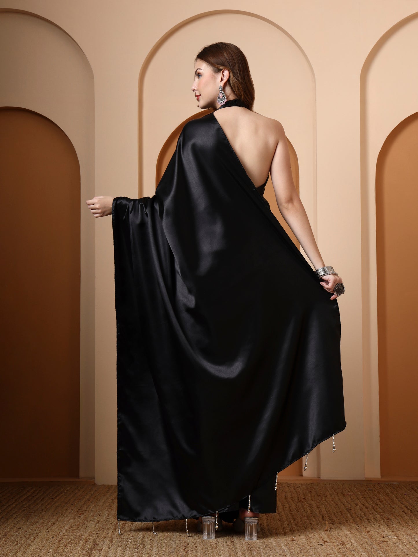 Black Embellished Satin Saree
