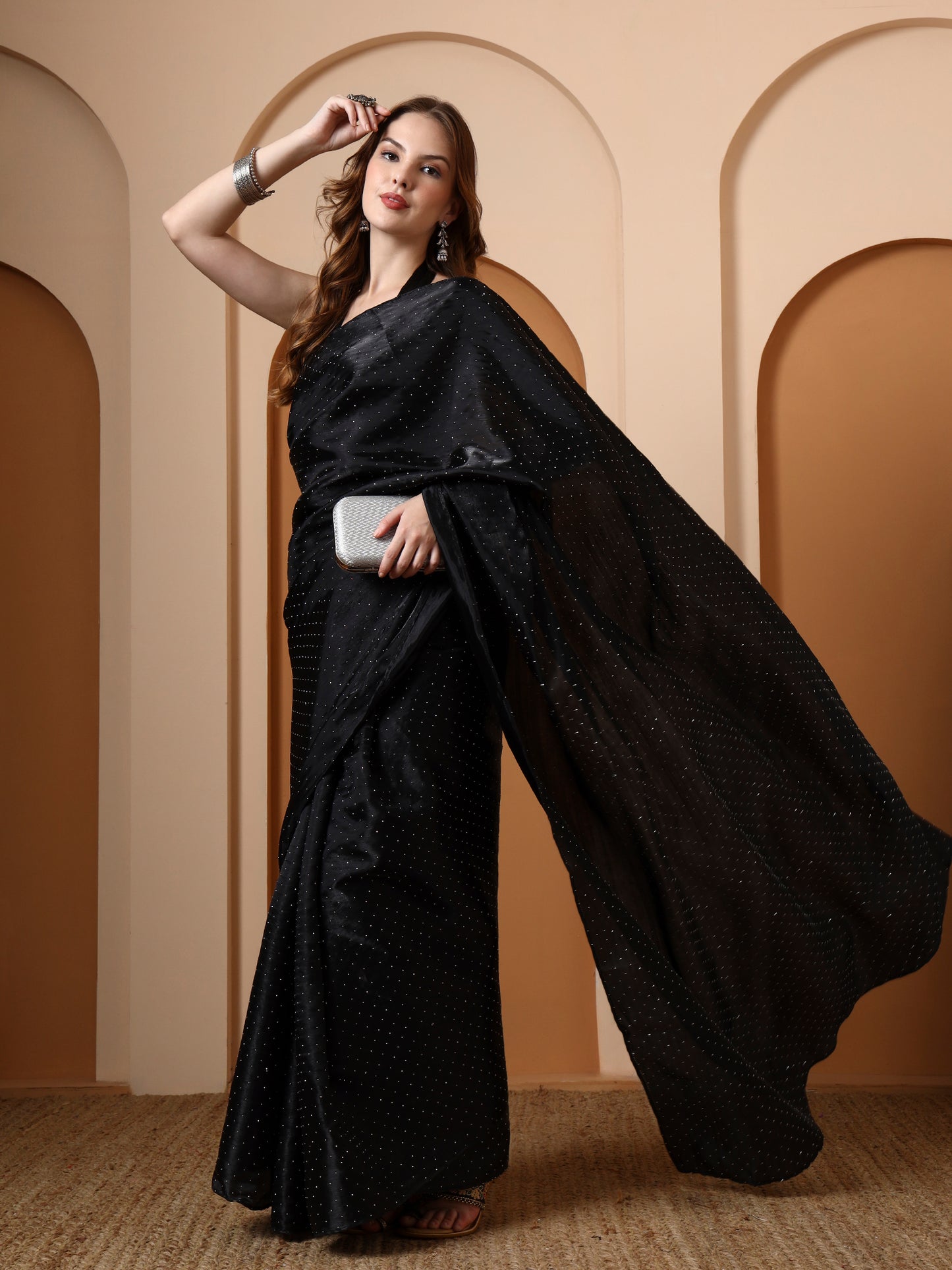 Black Rhinestone Silk Saree