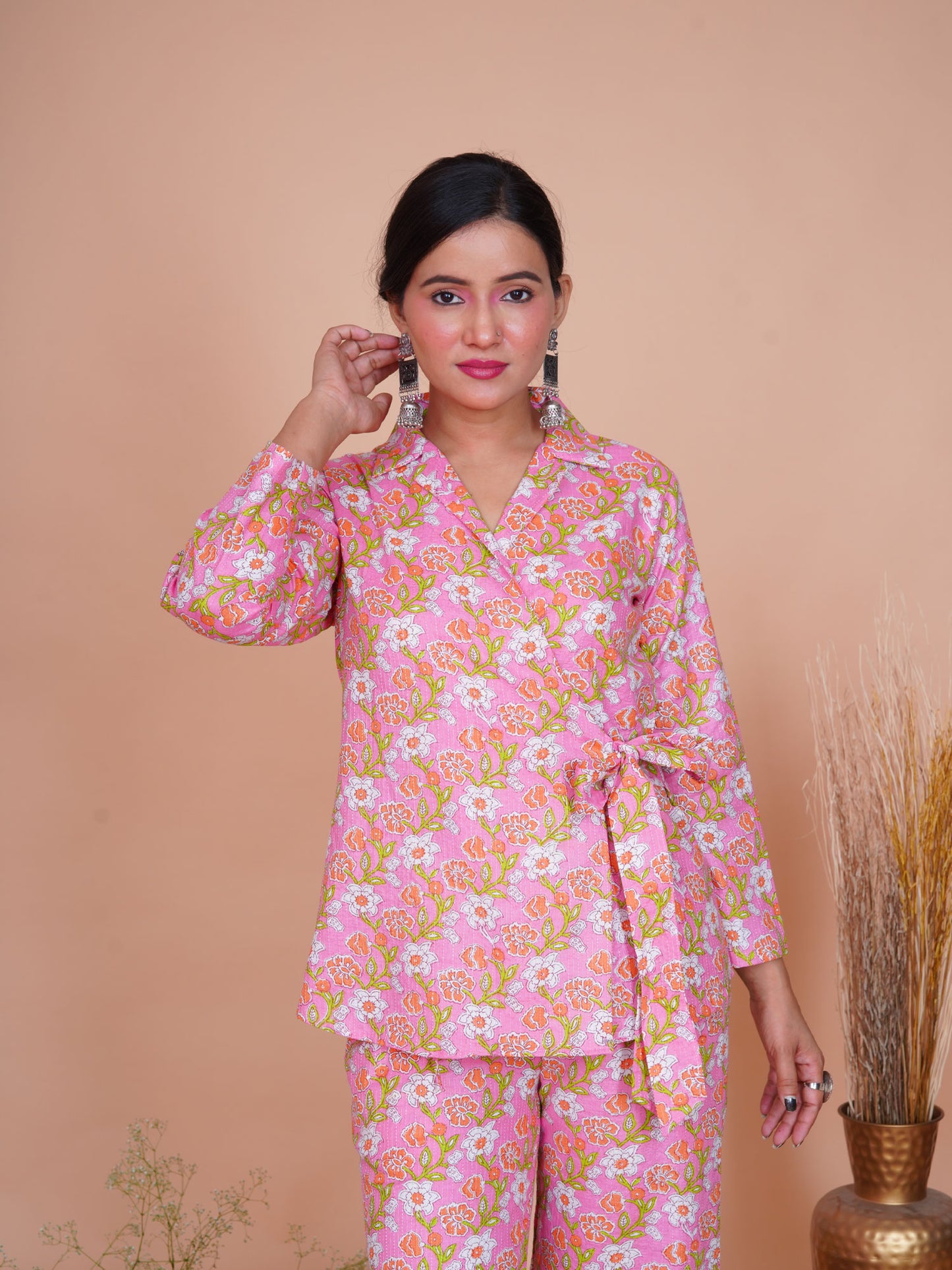Kantha Embroidered Pink Floral Side Tie-up Blazer