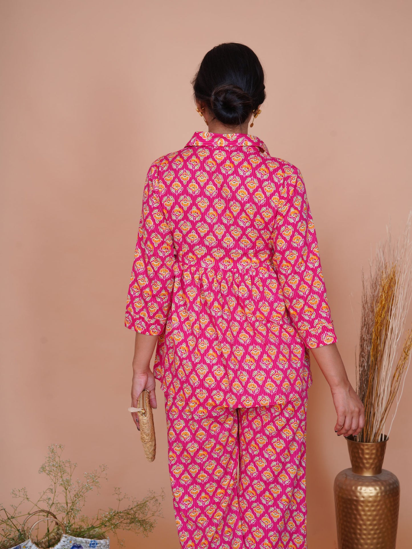 Kantha Embroidered Rani Pink Buti Printed Top