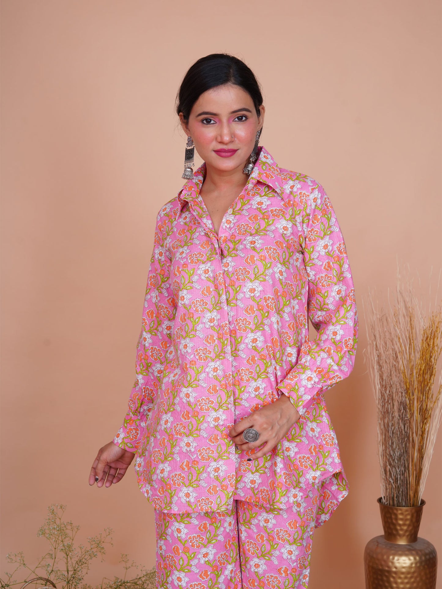 Kantha Embroidered Pink Floral Shirt Kurta