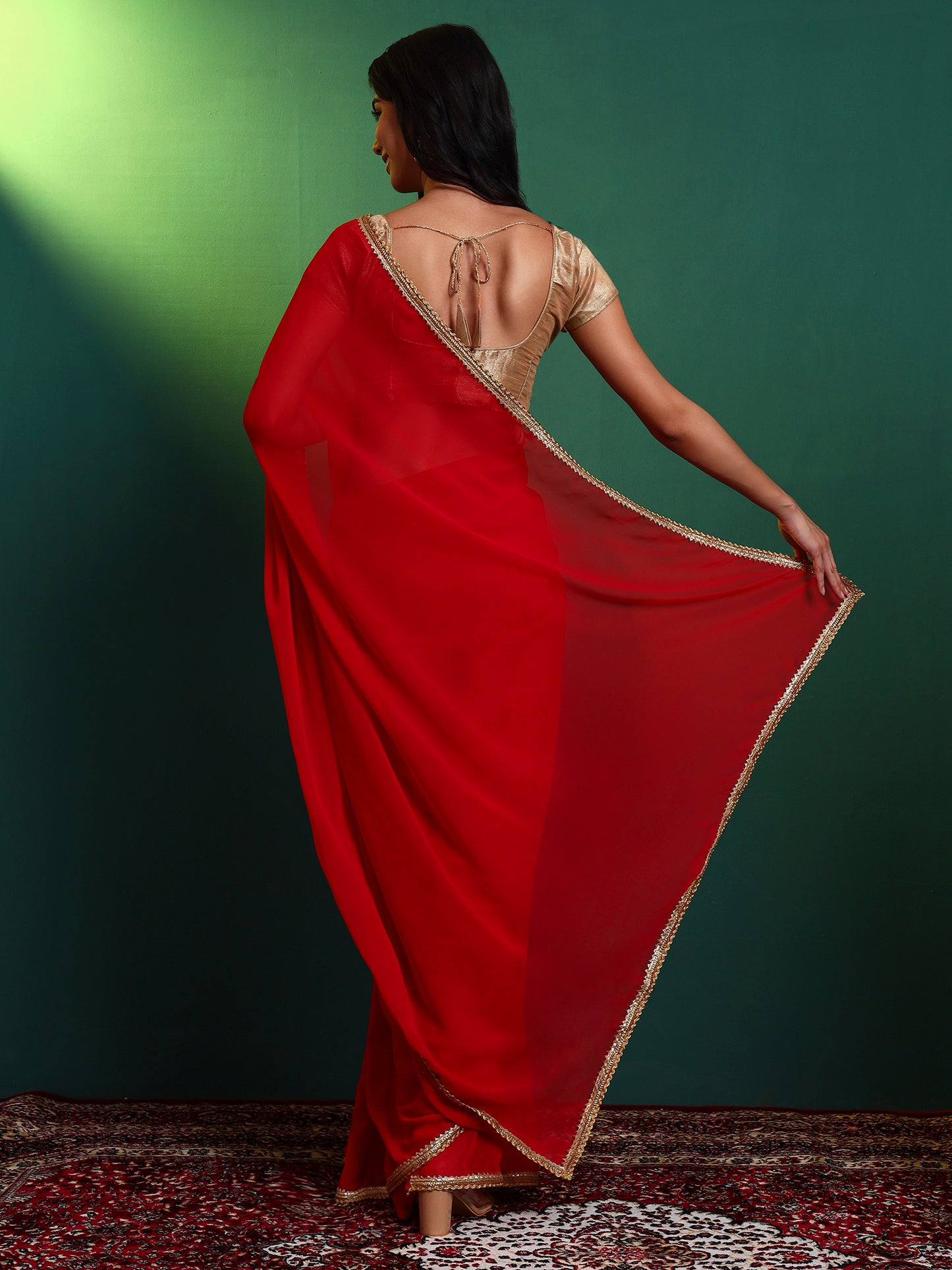 Red Georgette Embellished Classic Saree