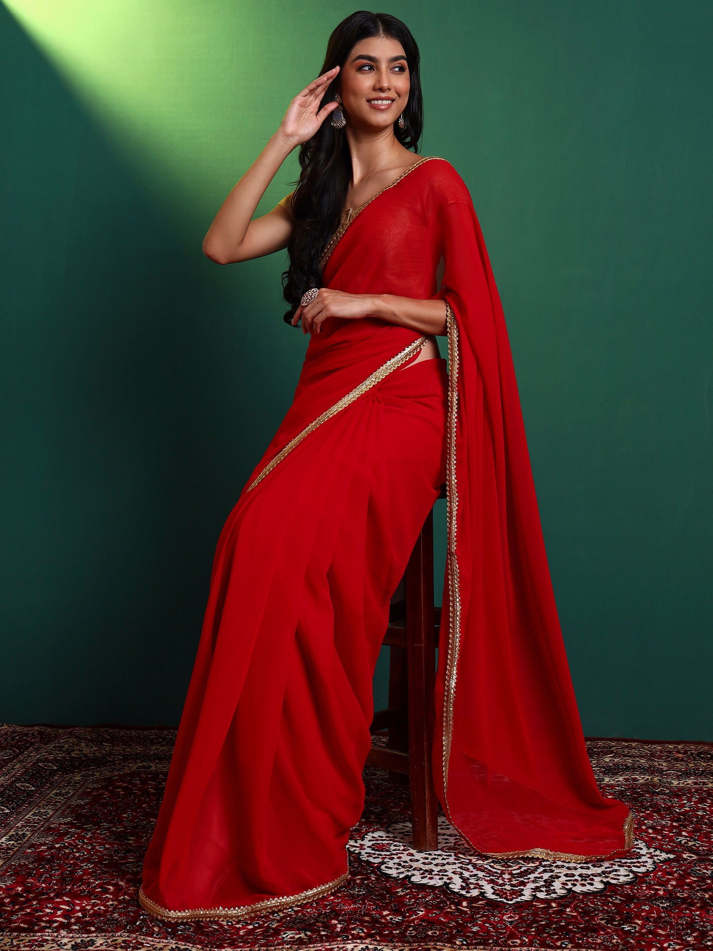Red Georgette Embellished Classic Saree