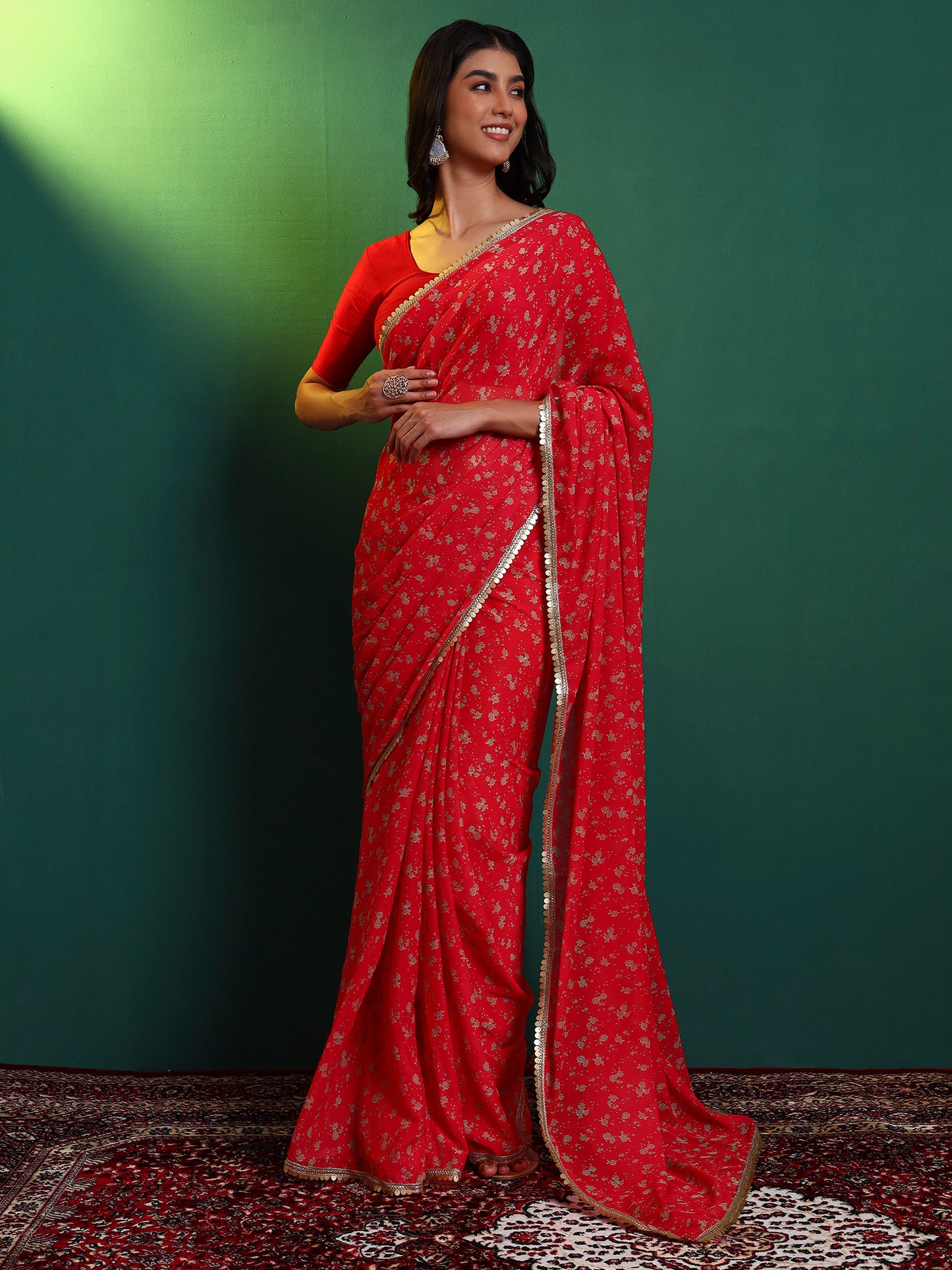 Red Floral Printed Chiffon Saree
