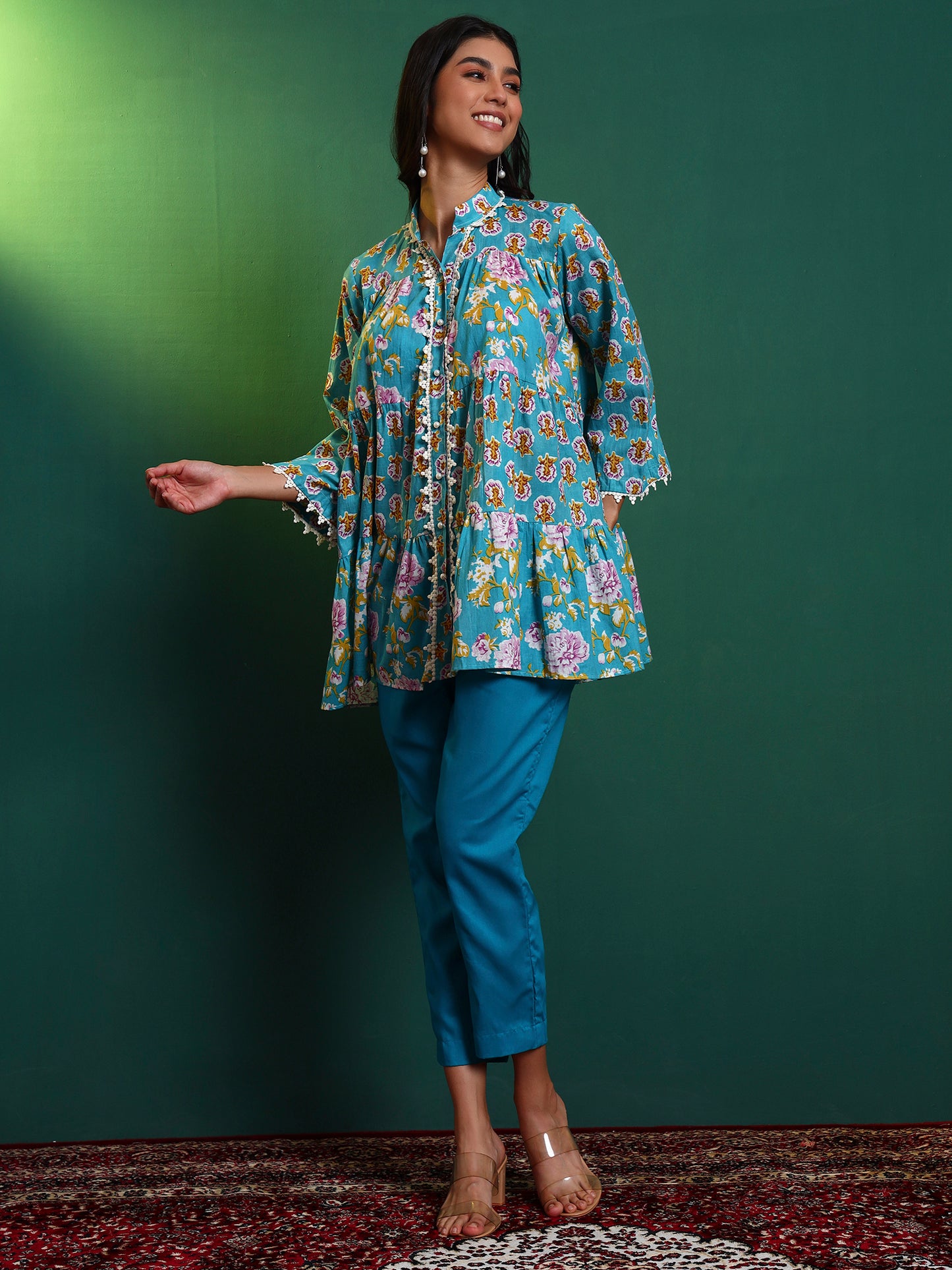 Blue Cotton Laced Tiered Kurta with Pants
