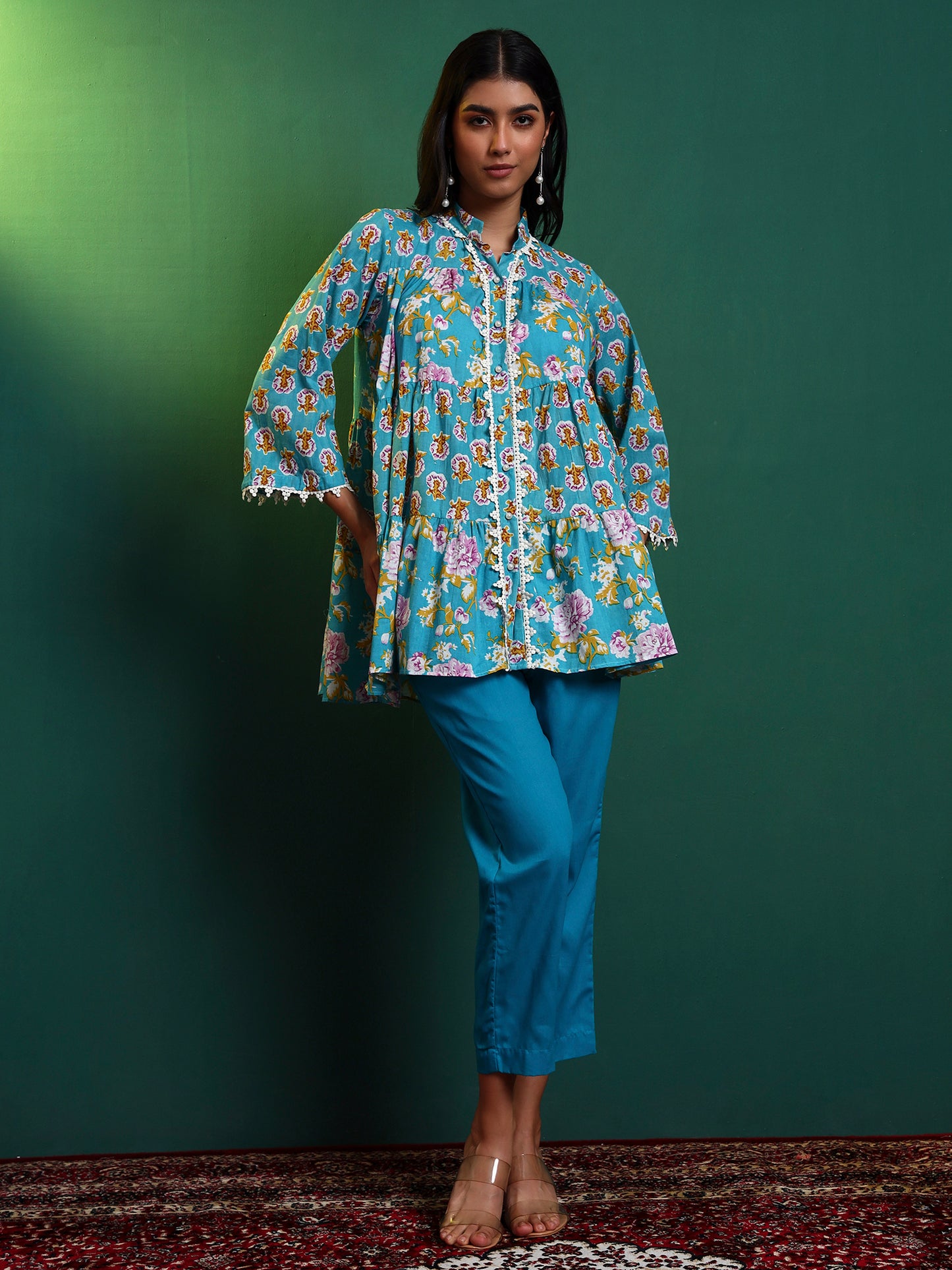 Blue Cotton Laced Tiered Kurta with Pants