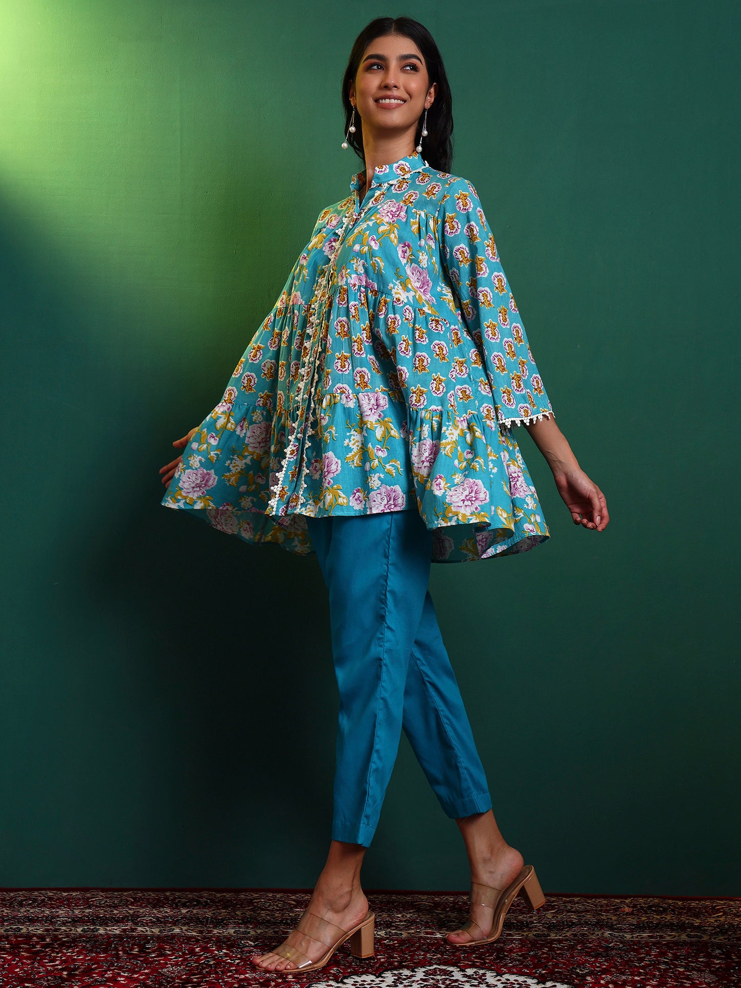 Blue Cotton Laced Tiered Kurta with Pants