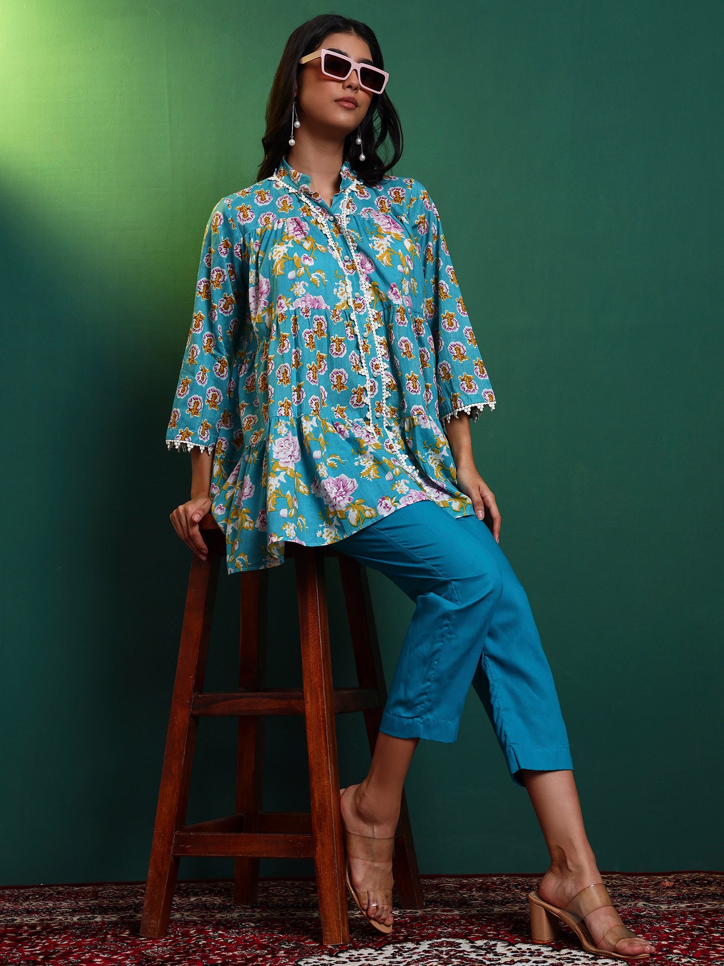 Blue Cotton Laced Tiered Kurta with Pants