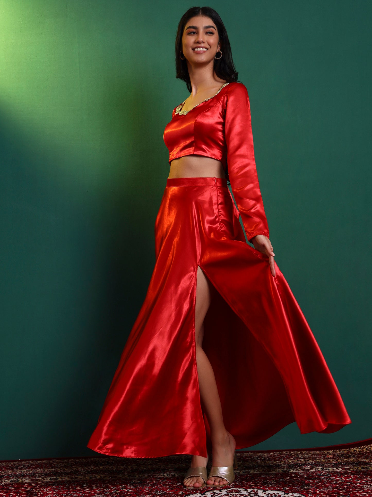 Red Satin Embellished Lehenga Set