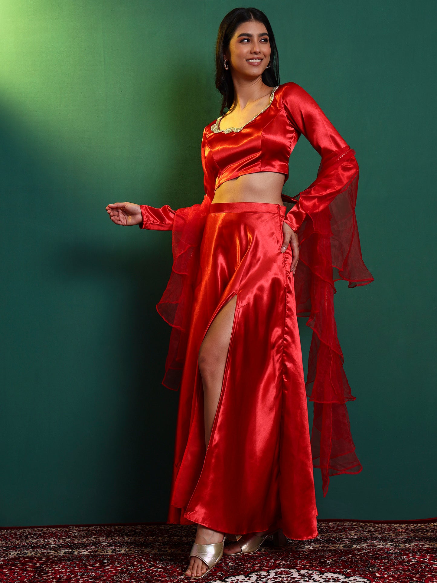 Red Satin Embellished Lehenga Set