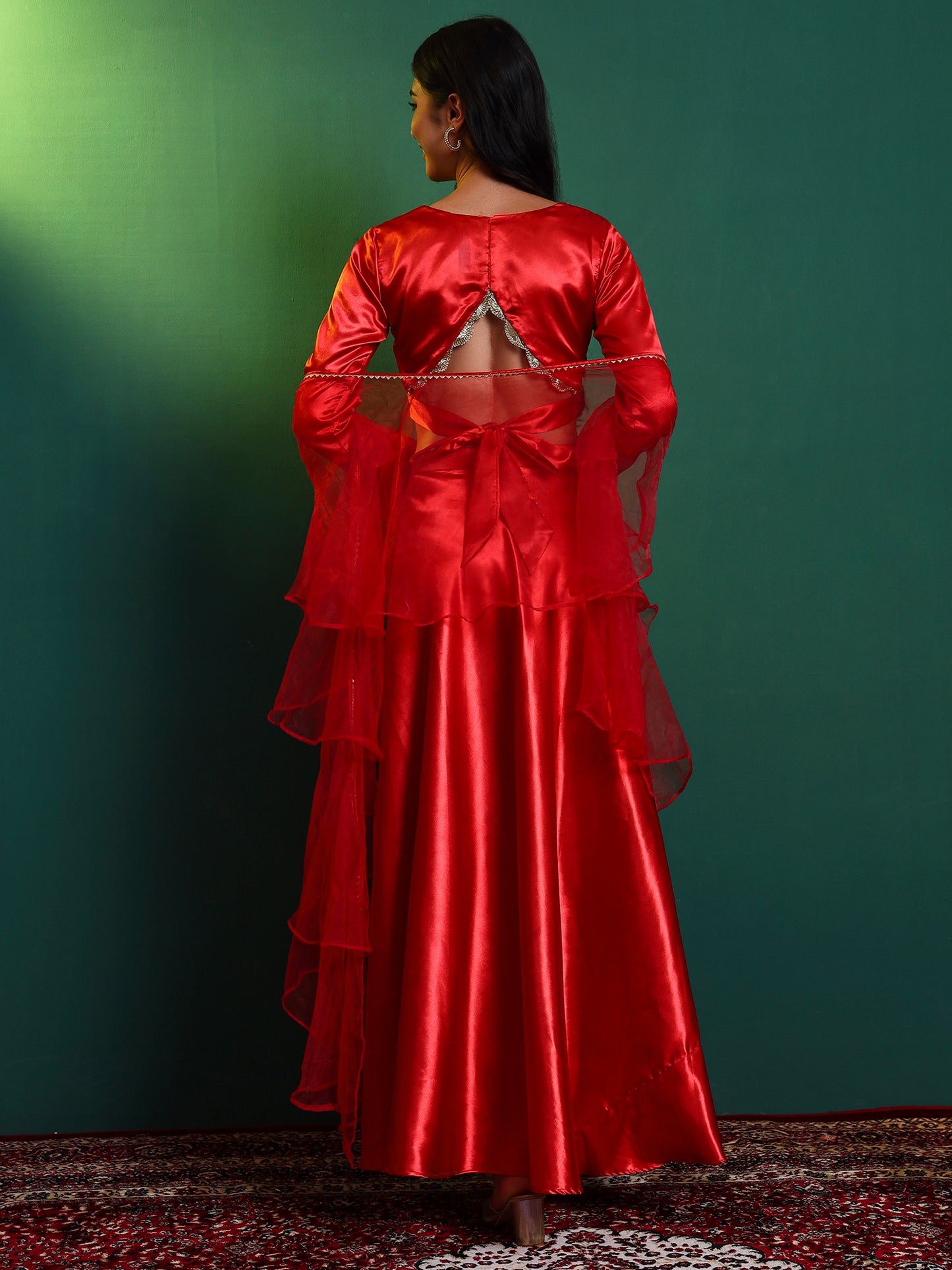 Red Satin Embellished Lehenga Set