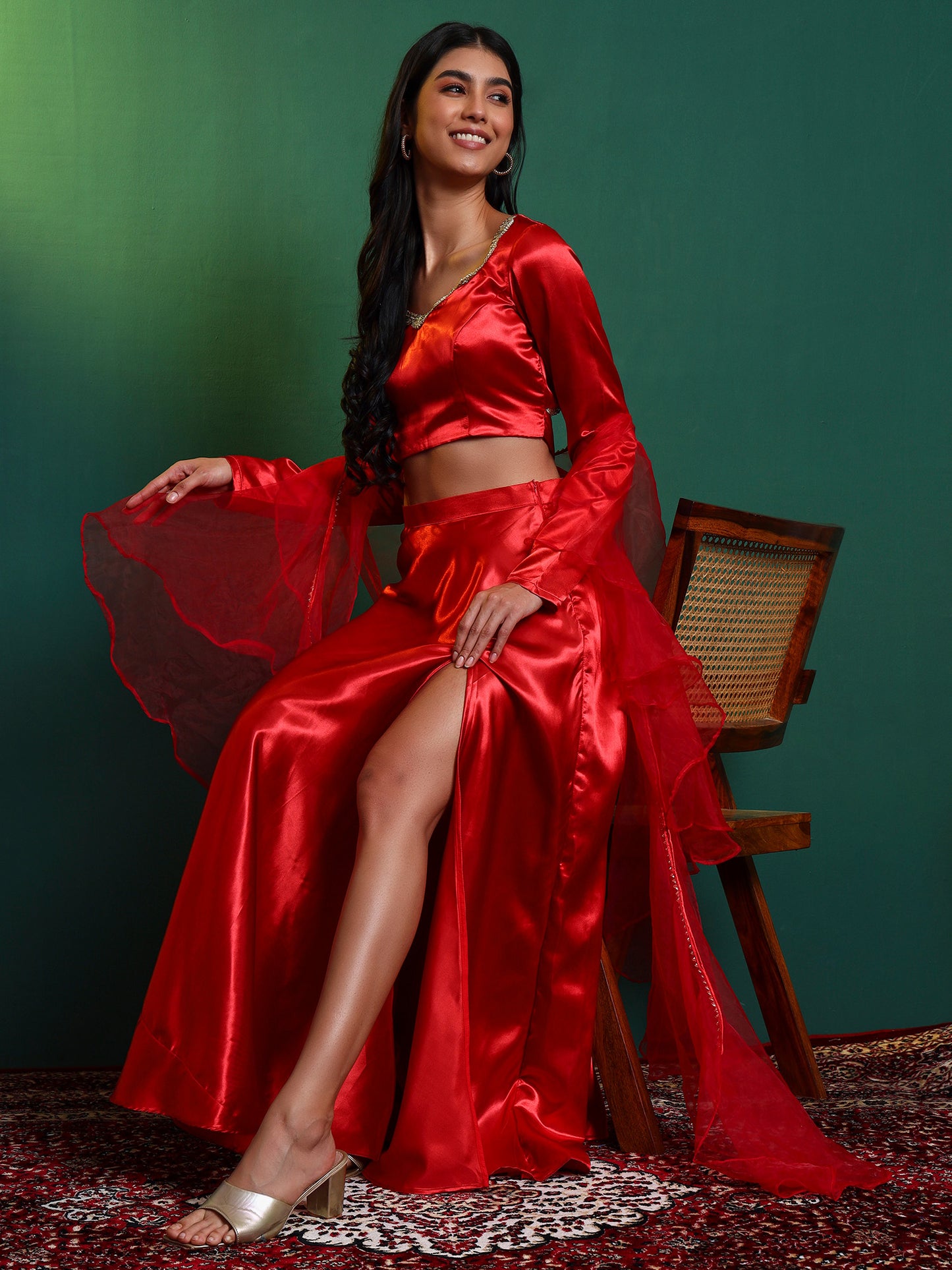 Red Satin Embellished Lehenga Set