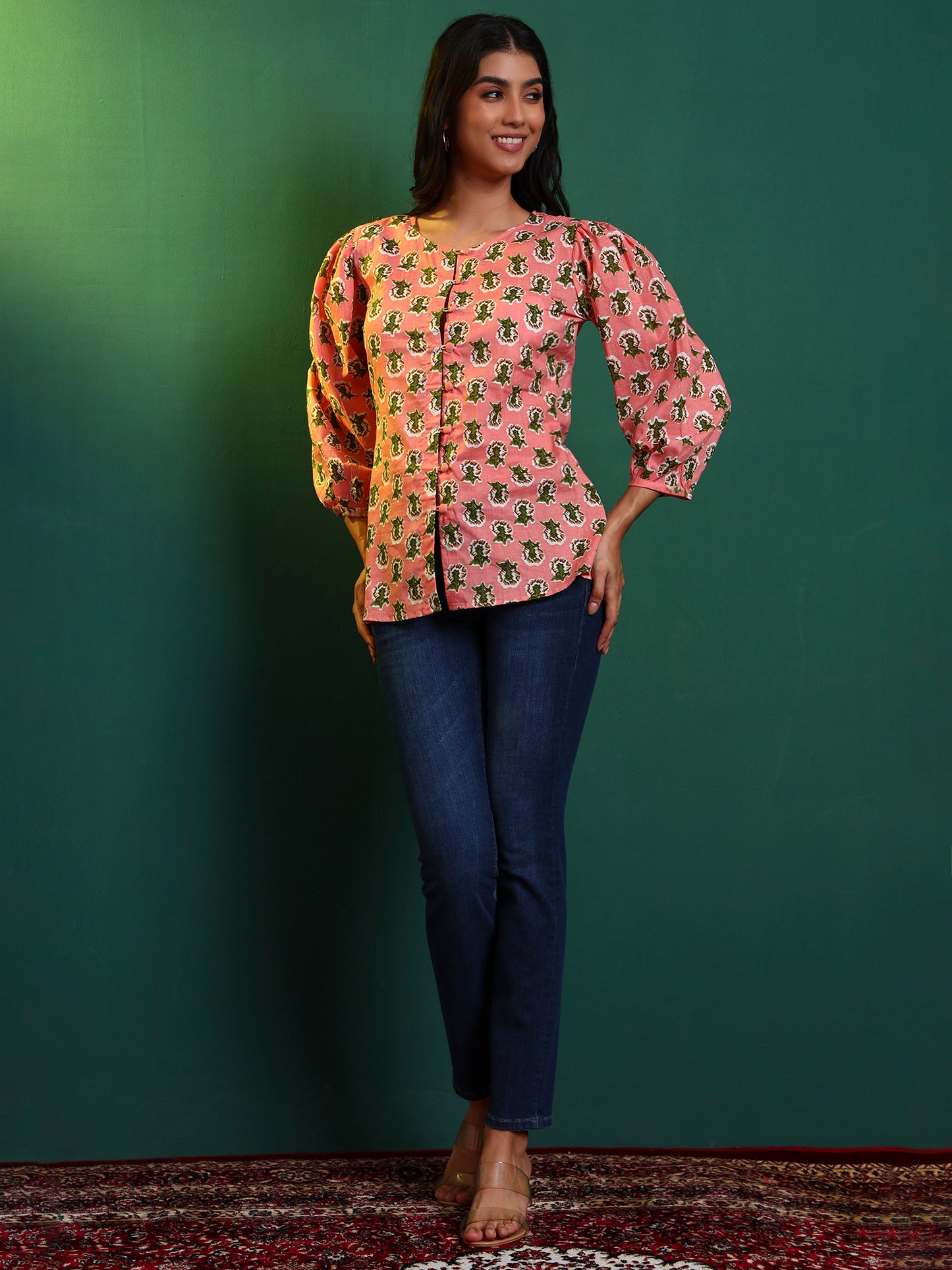 Peach Cotton Printed Puff Sleeve Blouse