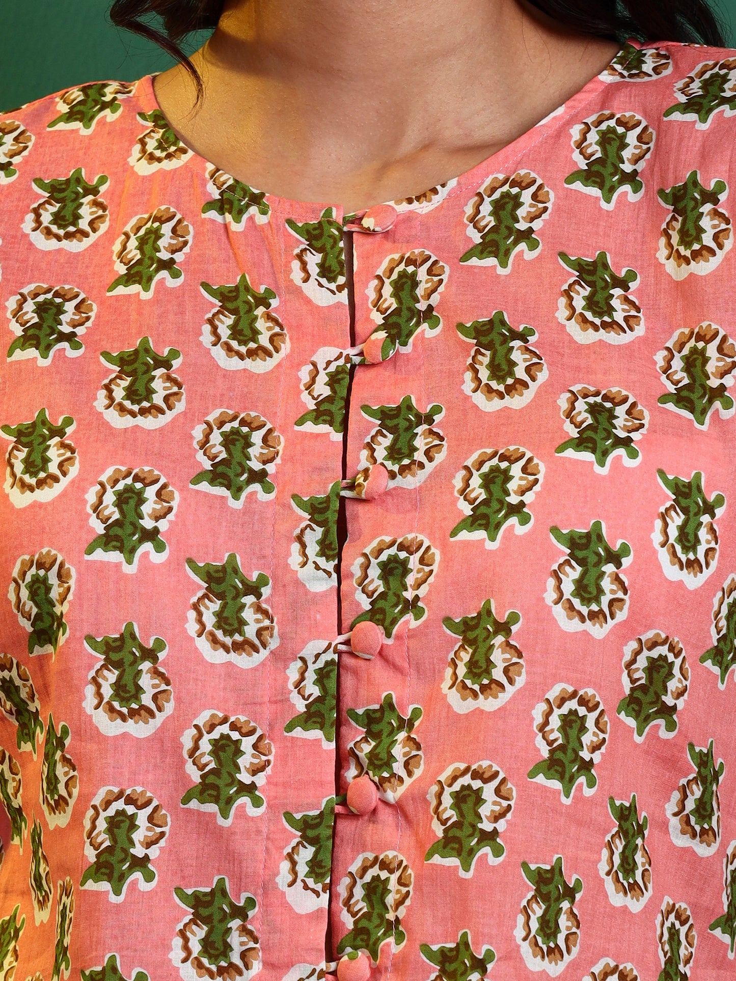 Peach Cotton Printed Puff Sleeve Blouse