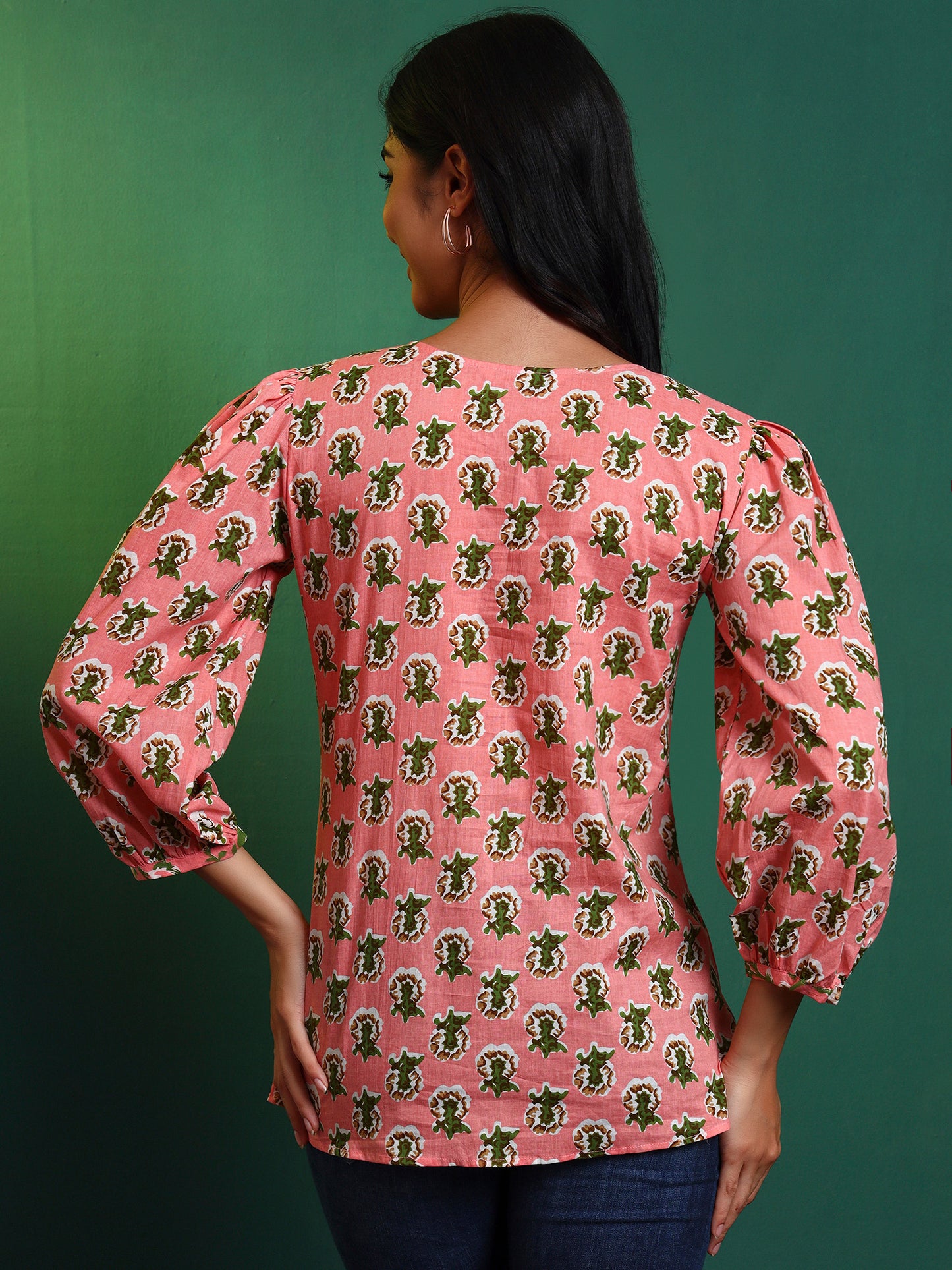 Peach Cotton Printed Puff Sleeve Blouse