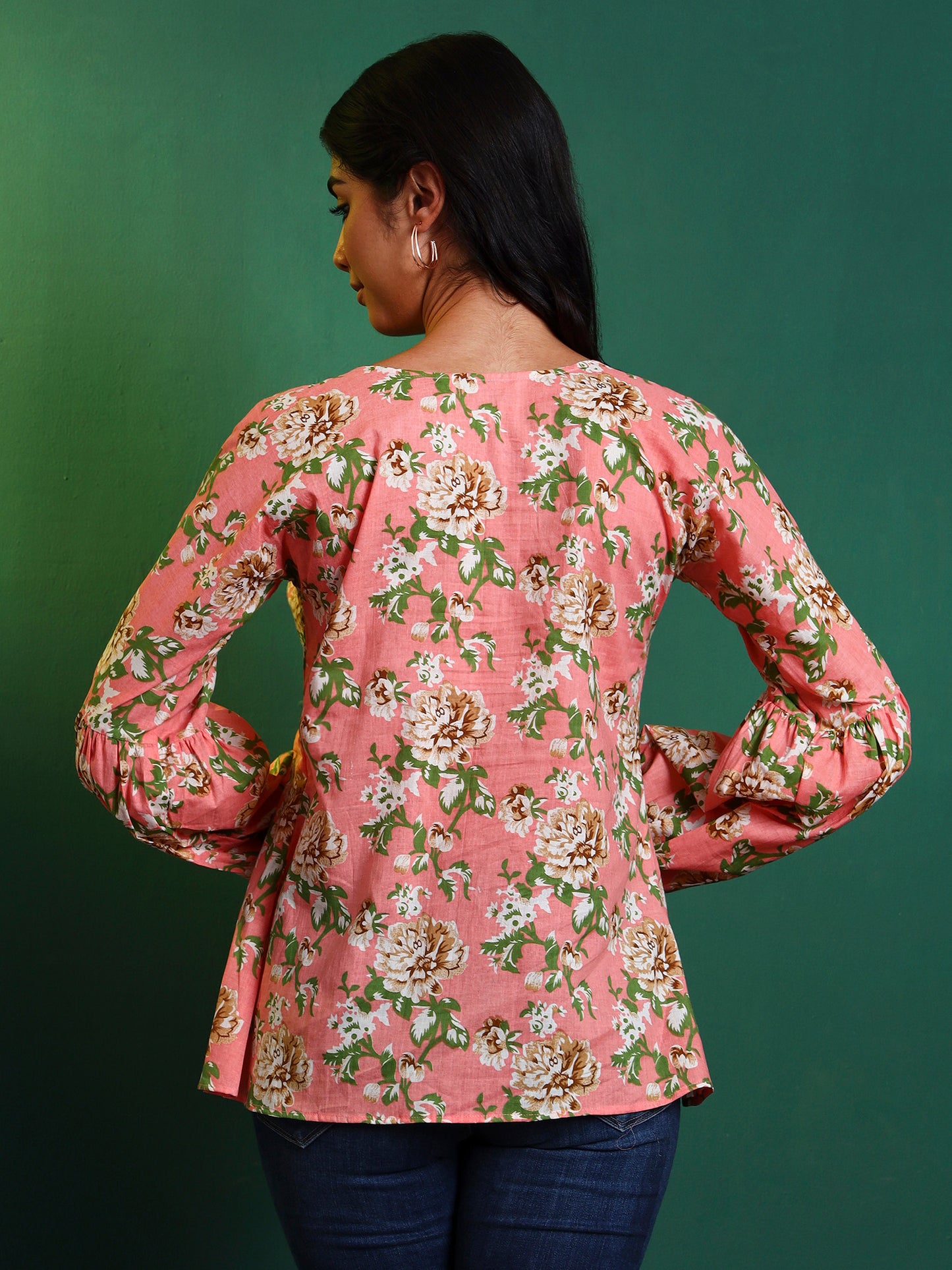 Peach Cotton Printed Contrast Yoke Tunic