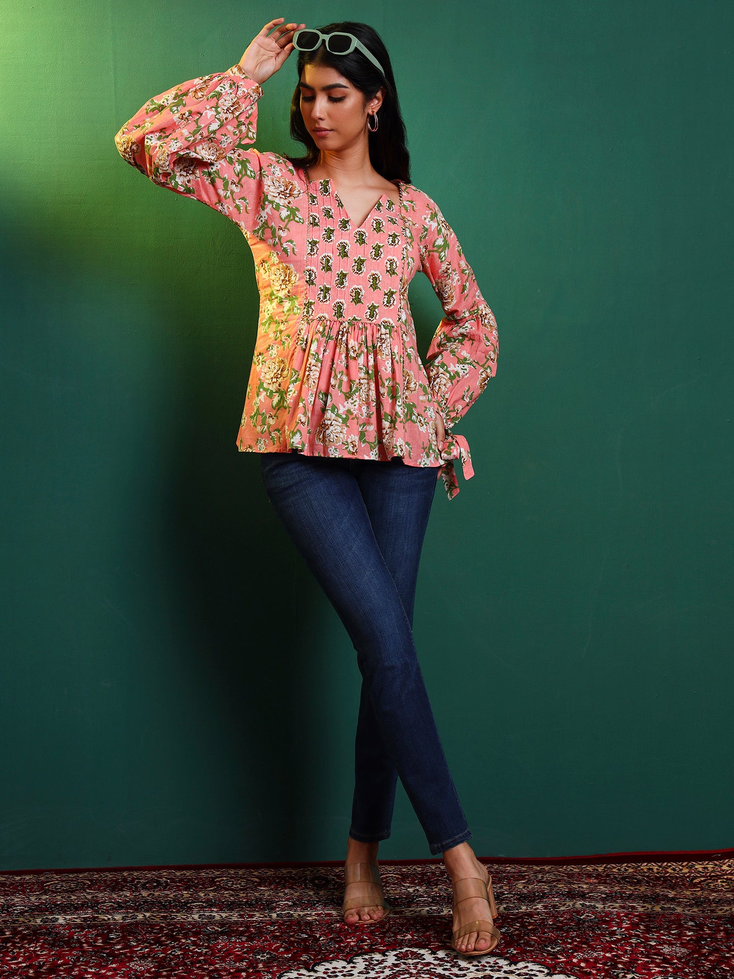 Peach Cotton Printed Contrast Yoke Tunic