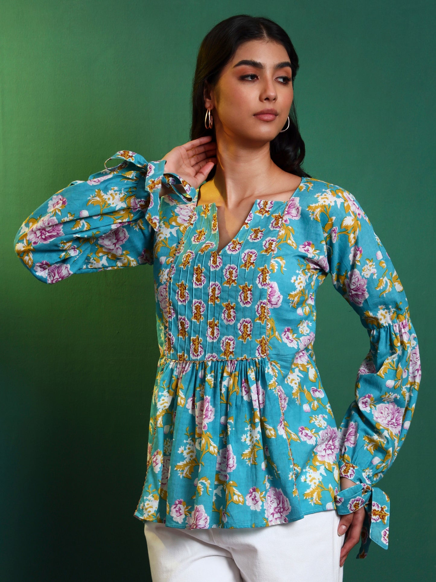 Blue Cotton Printed Contrast Yoke Tunic