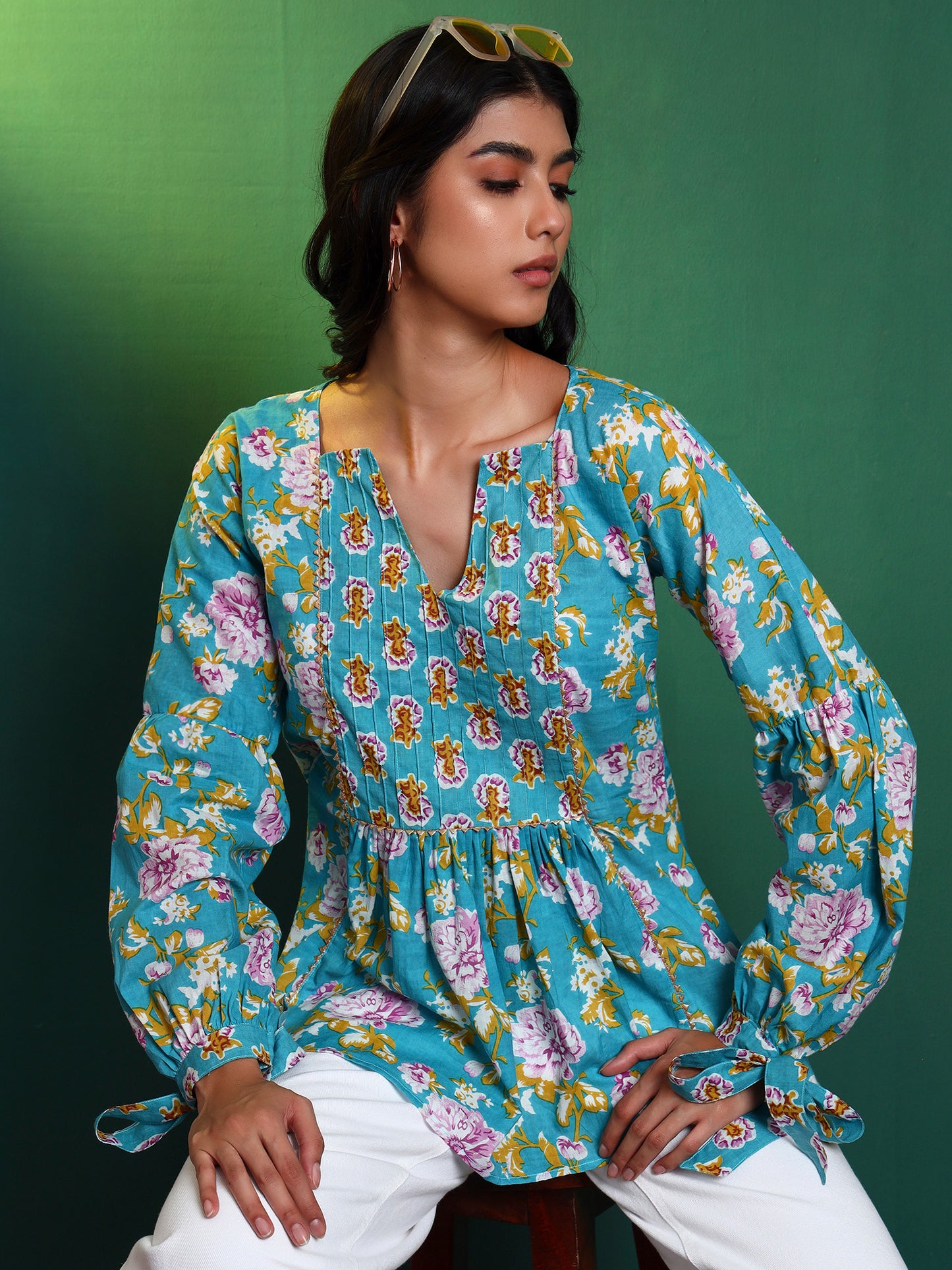 Blue Cotton Printed Contrast Yoke Tunic