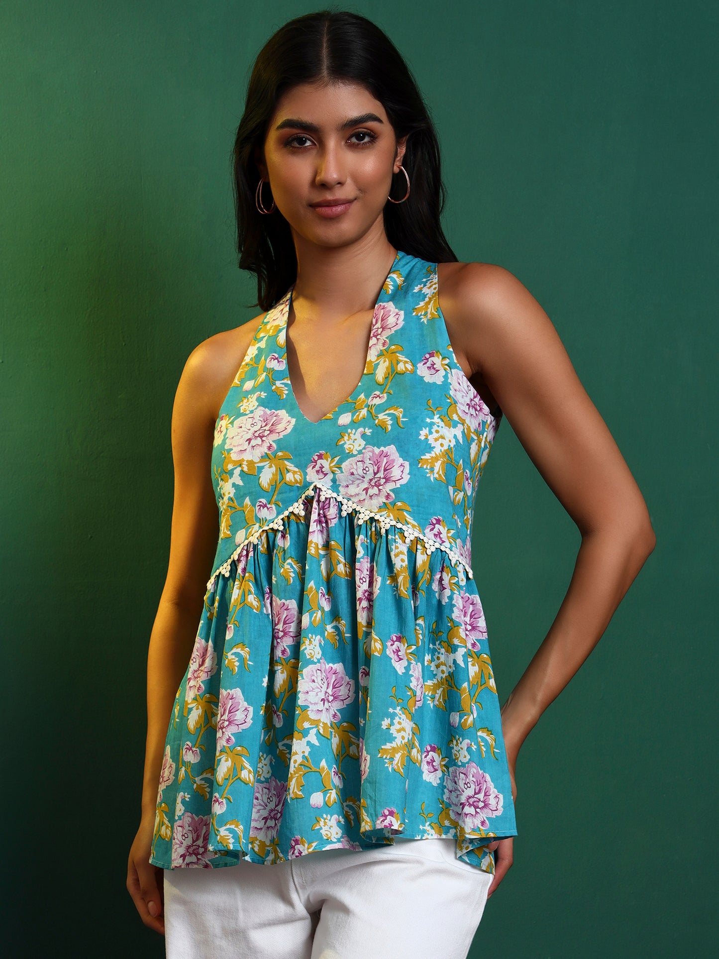 Blue Cotton Printed Halter Neck Tunic