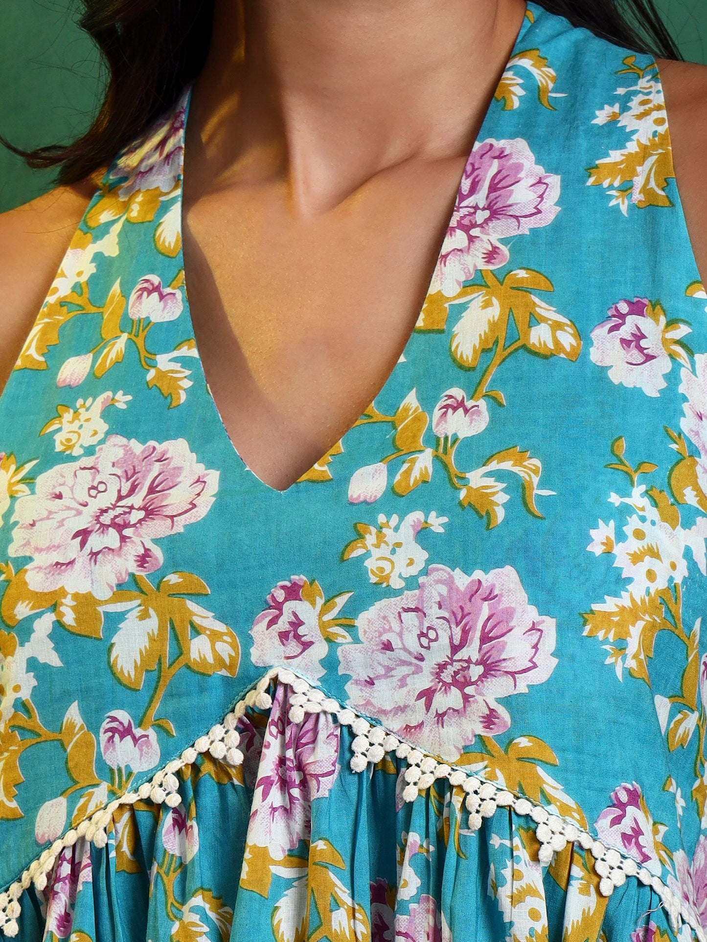 Blue Cotton Printed Halter Neck Tunic