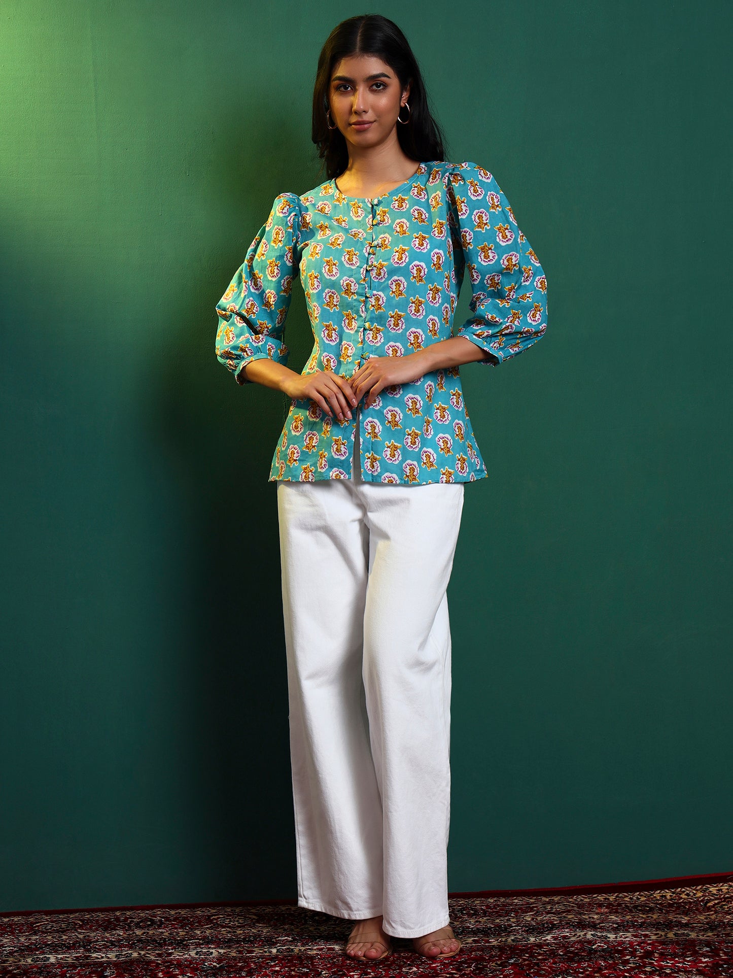 Blue Cotton Printed Puff Sleeve Blouse