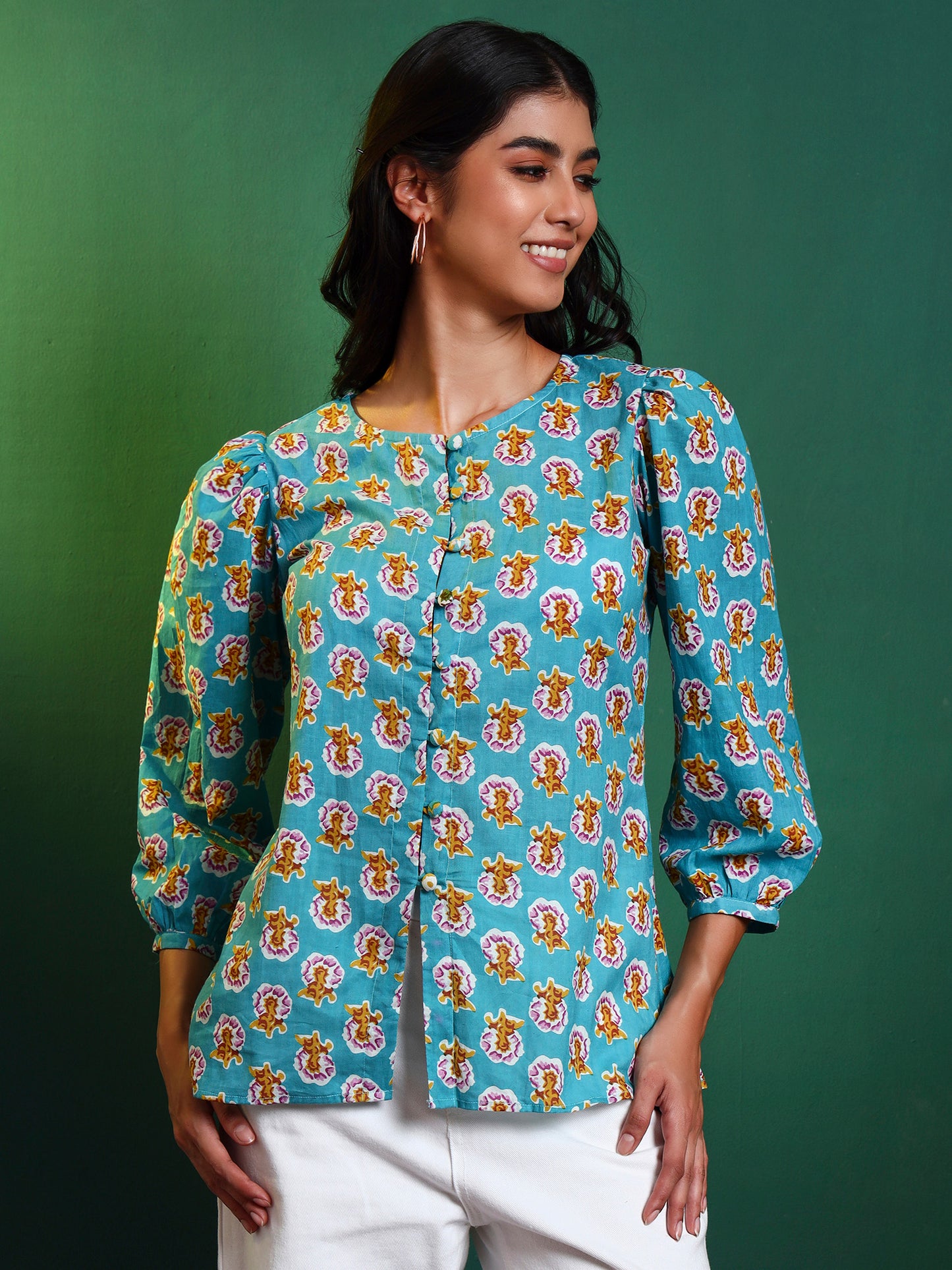 Blue Cotton Printed Puff Sleeve Blouse