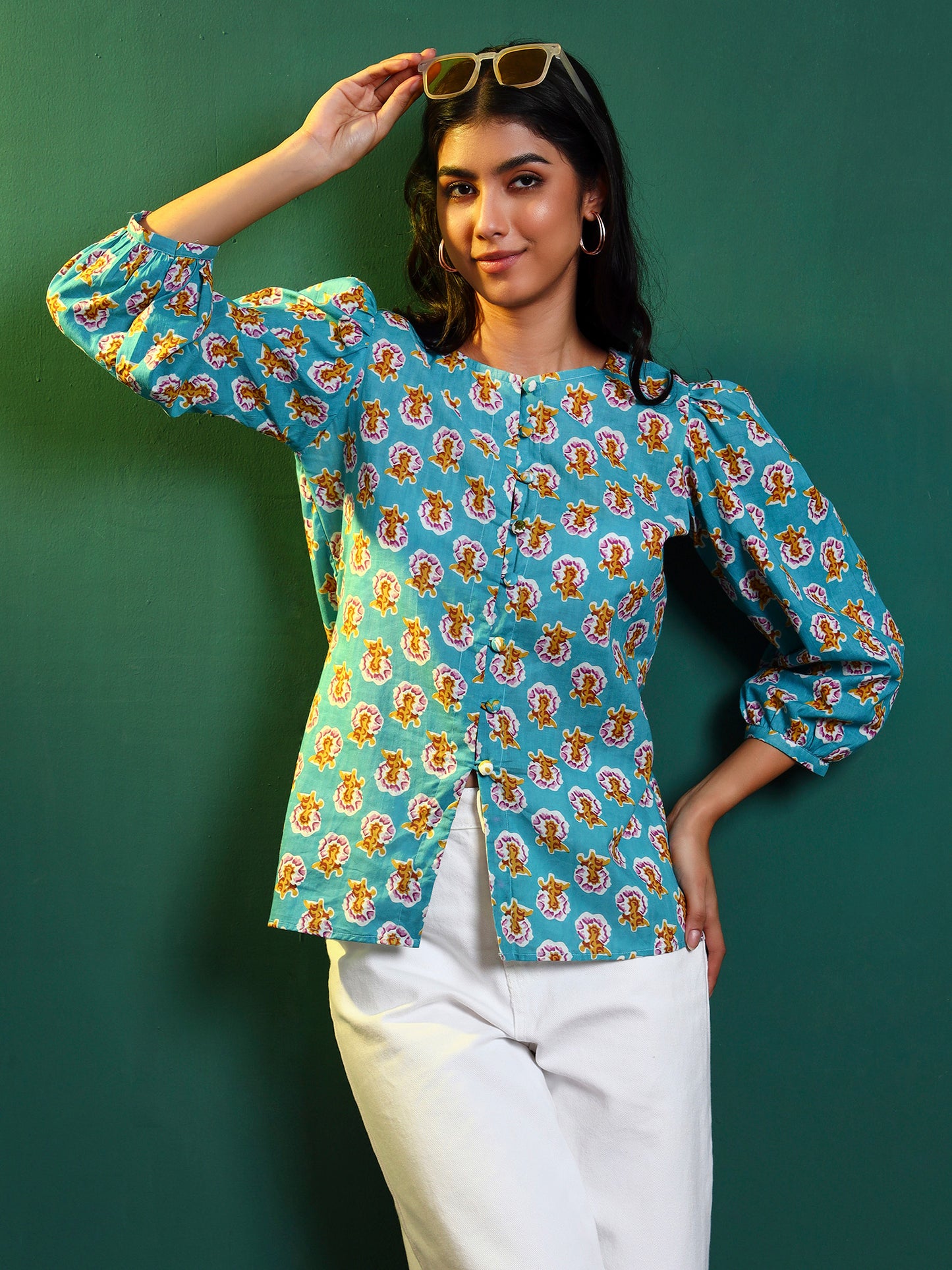 Blue Cotton Printed Puff Sleeve Blouse