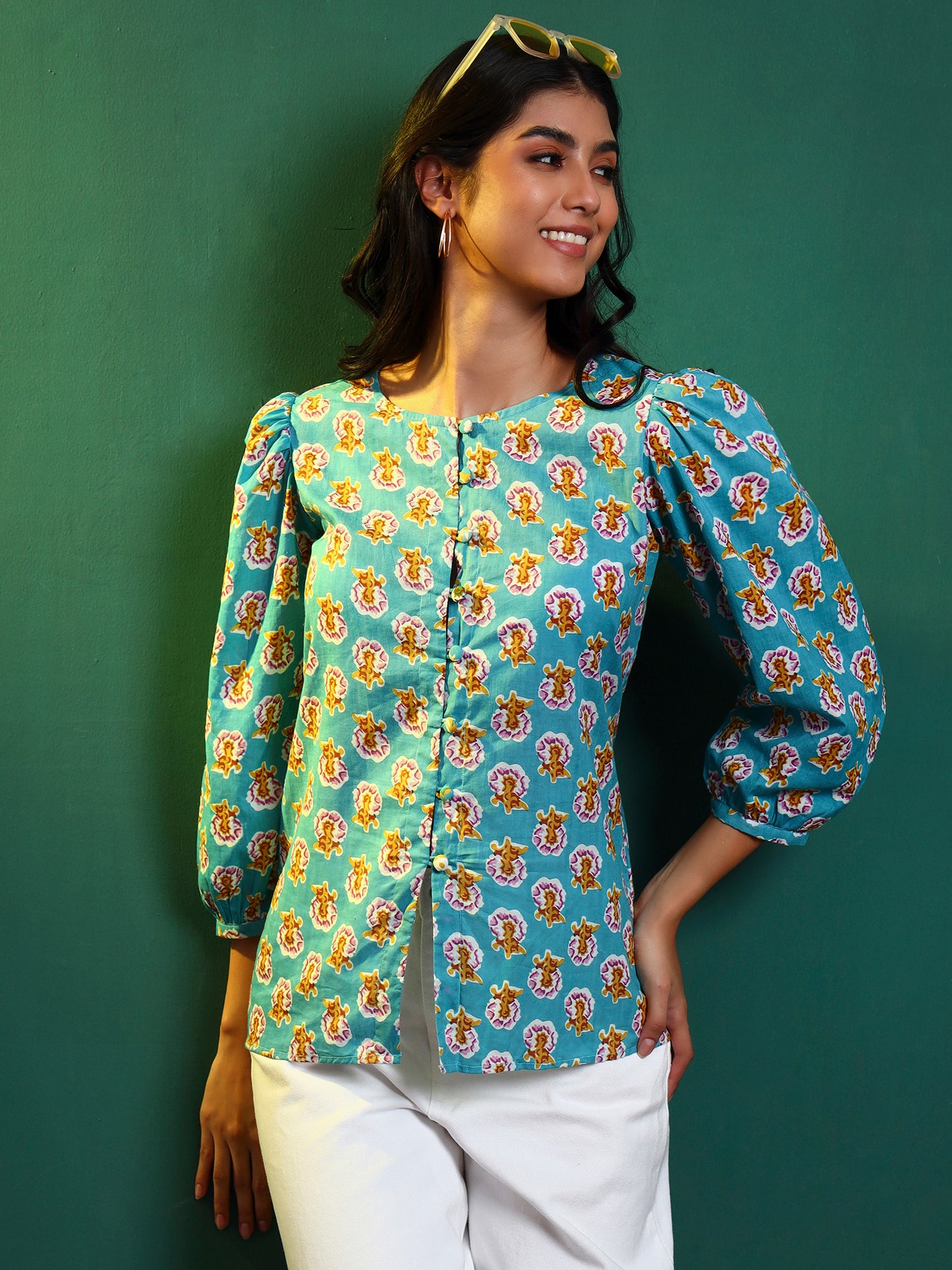 Blue Cotton Printed Puff Sleeve Blouse