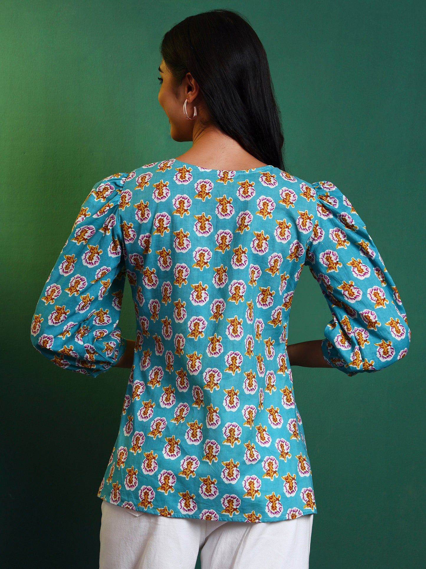 Blue Cotton Printed Puff Sleeve Blouse