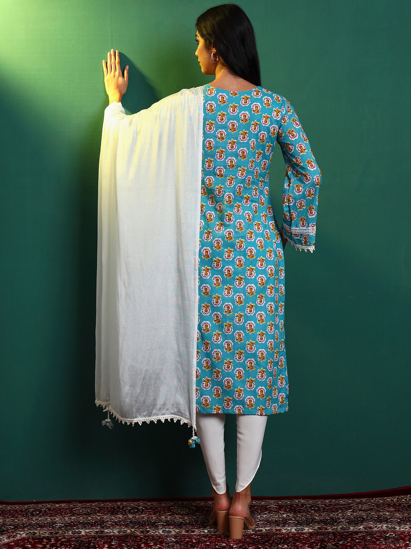 Blue Cotton Laced Kurta and Tulip Pant Set
