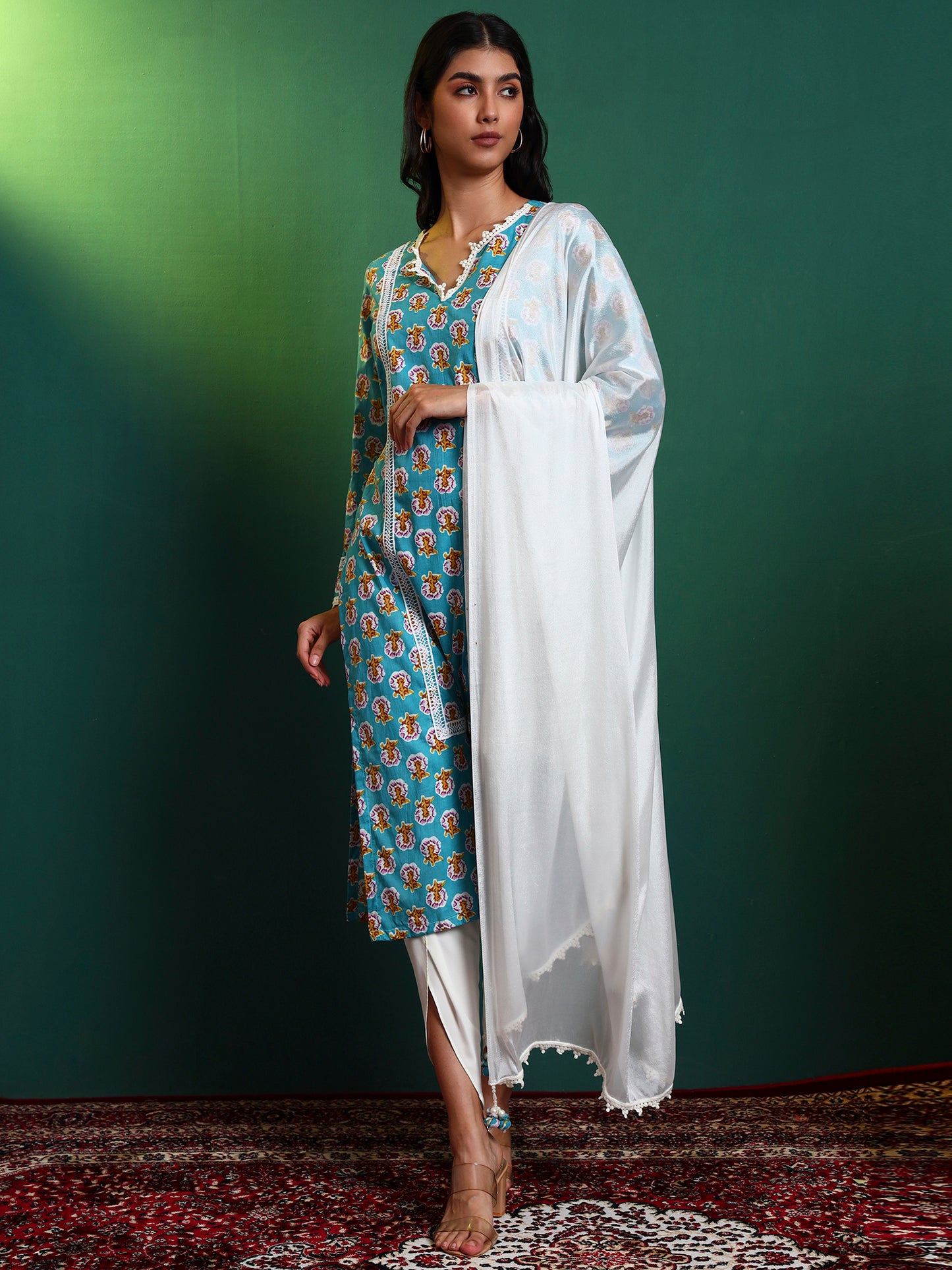 Blue Cotton Laced Kurta and Tulip Pant Set