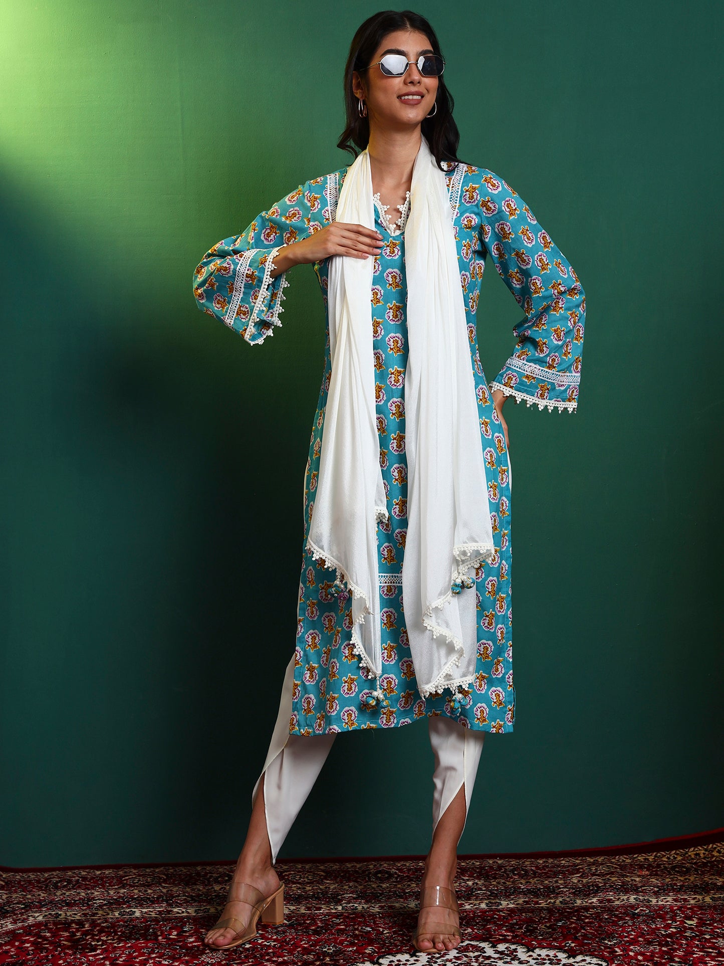 Blue Cotton Laced Kurta and Tulip Pant Set