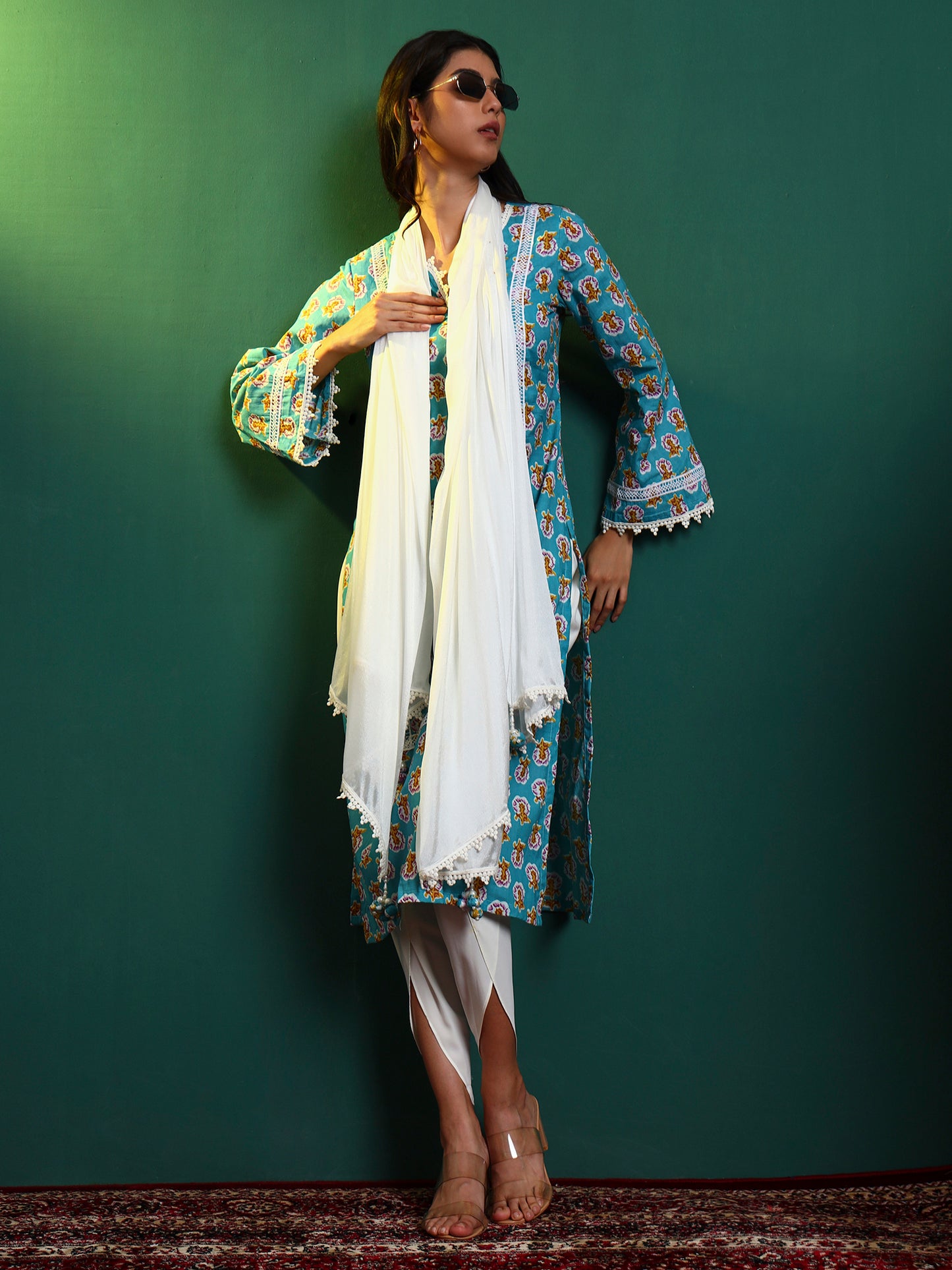 Blue Cotton Laced Kurta and Tulip Pant Set