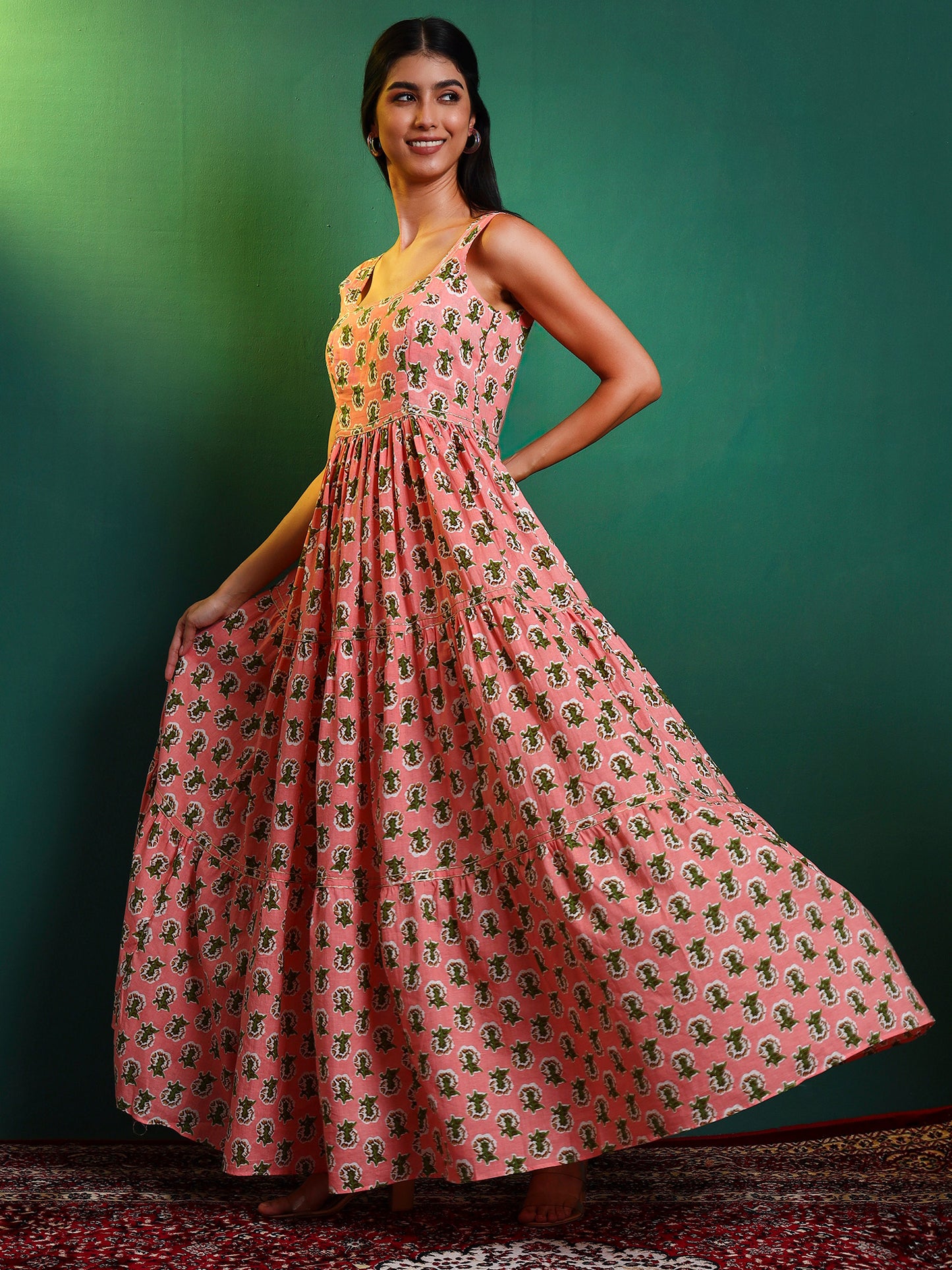 Peach Cotton Printed Tiered Maxi Dress