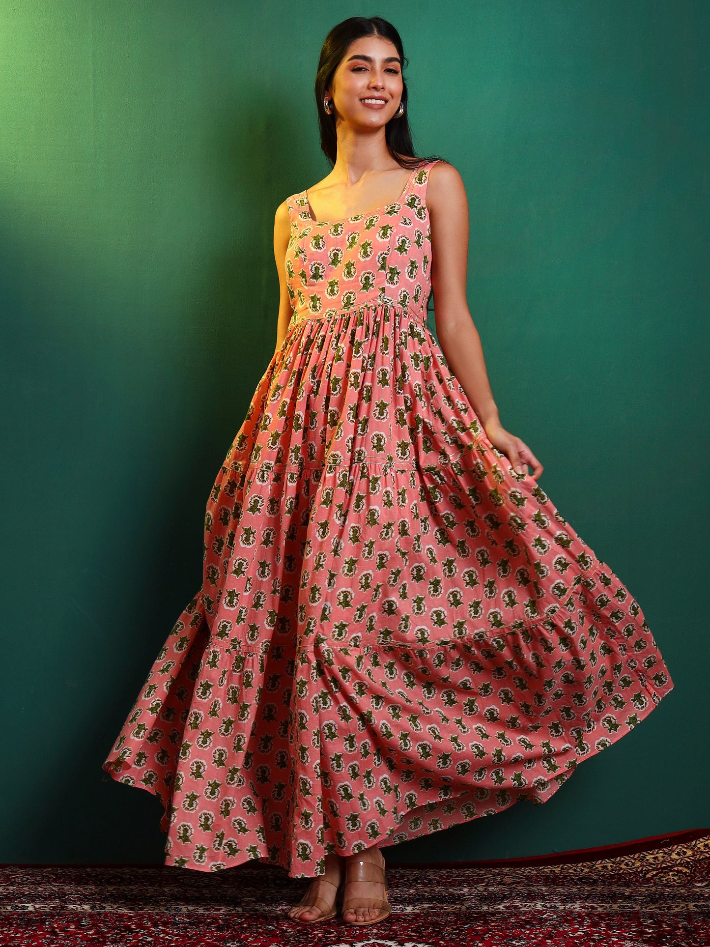 Peach Cotton Printed Tiered Maxi Dress