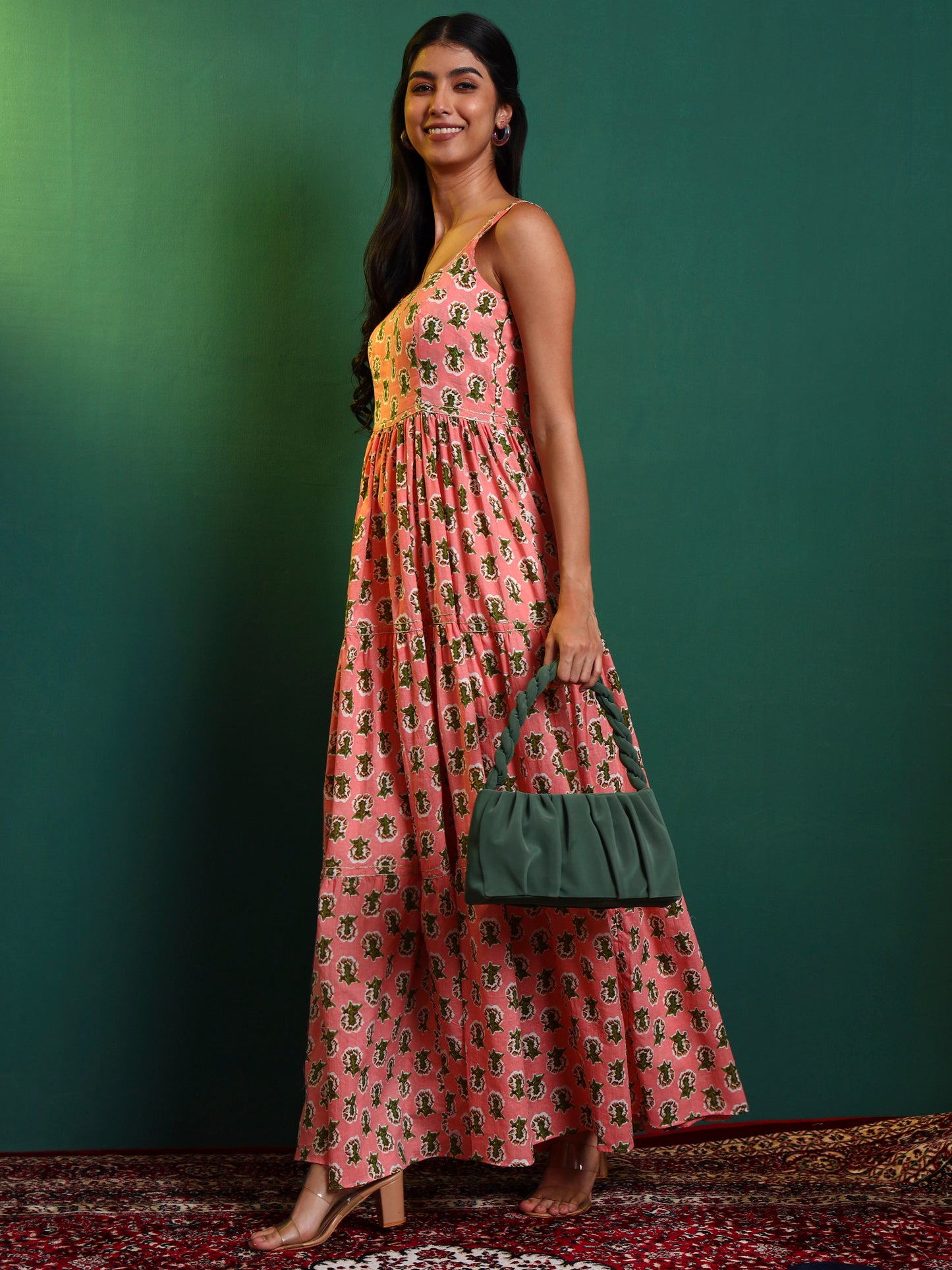 Peach Cotton Printed Tiered Maxi Dress