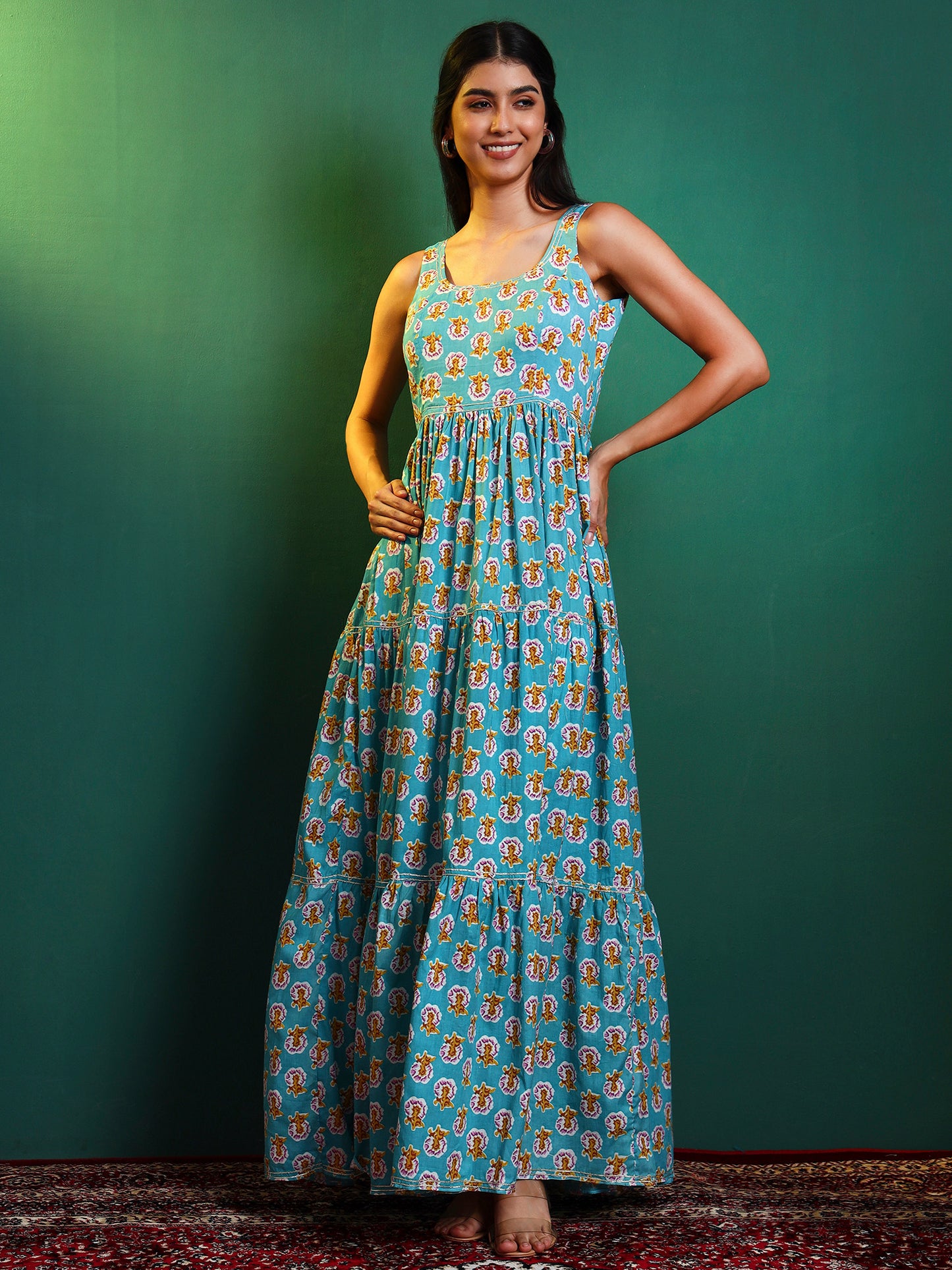 Blue Cotton Printed Tiered Maxi Dress