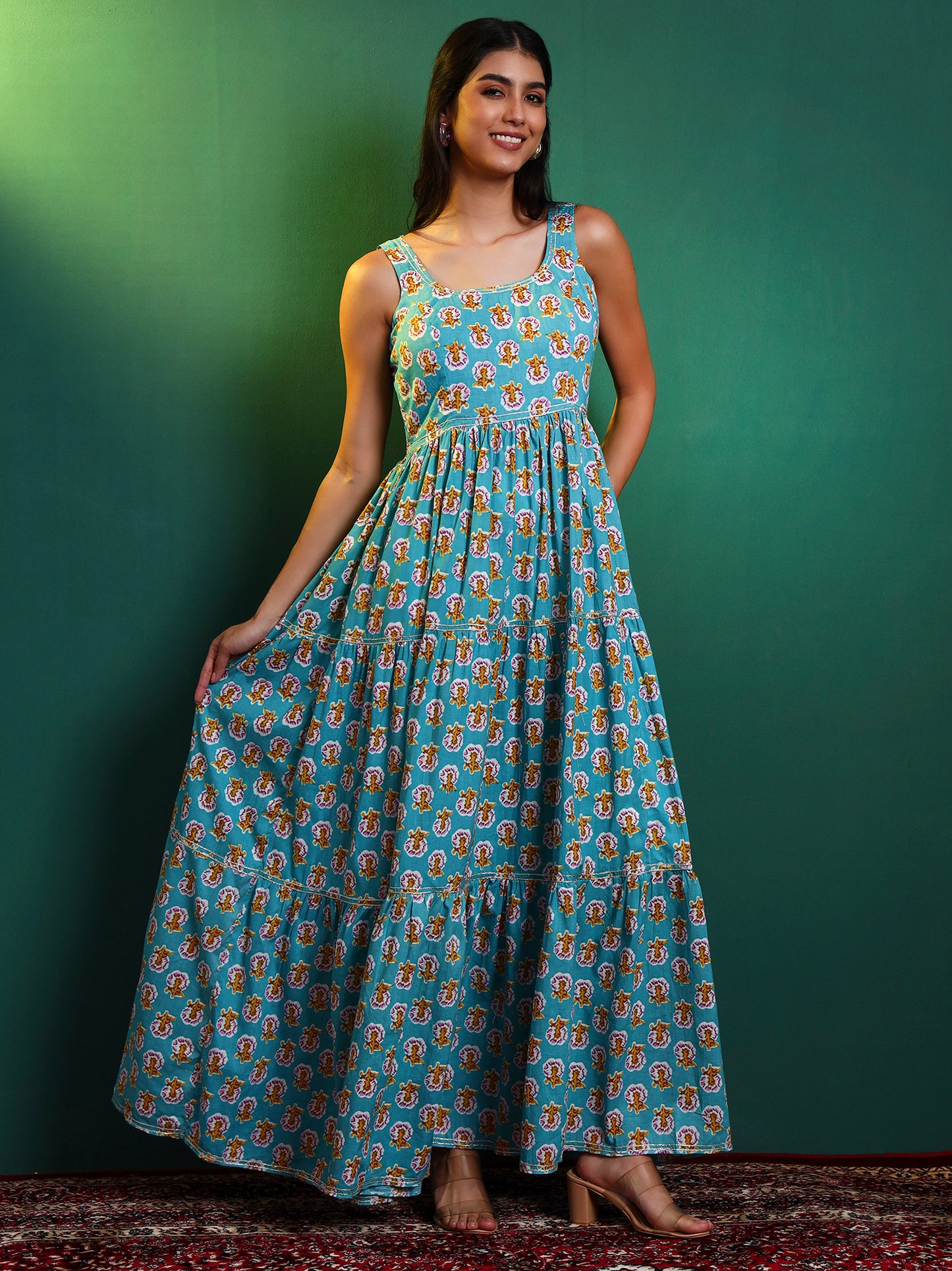 Blue Cotton Printed Tiered Maxi Dress